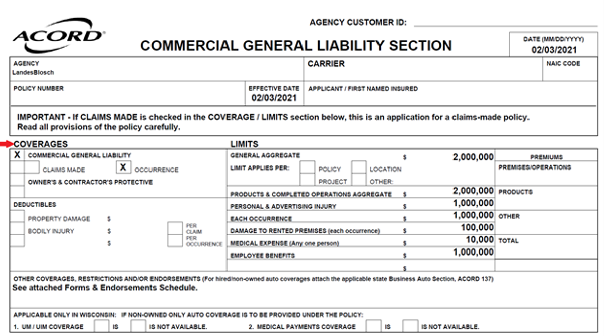 Snapshot of the "Coverages" section on the ACORD 126 form, detailing specific policy limits and insurance coverages provided.