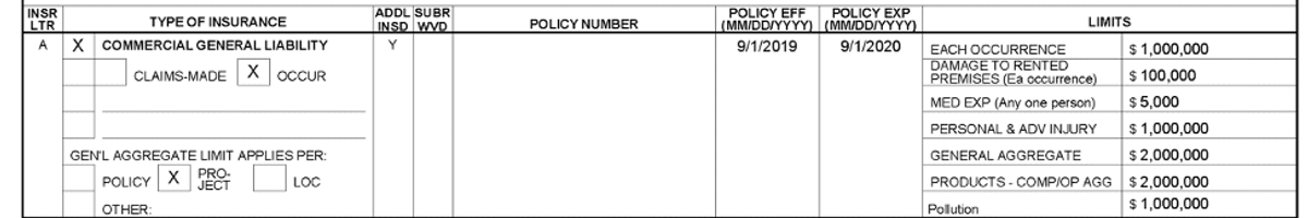 Close-up view of the 'Commercial General Liability' section on a Certificate of Liability Insurance, displaying coverage limits.