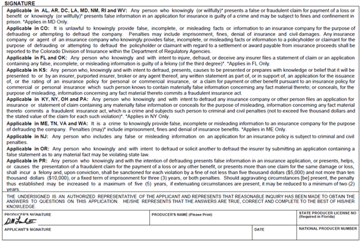 Signature section of the ACORD 126 form where the authorized representative of the company attests to providing accurate information and completing the application to the best of their knowledge.