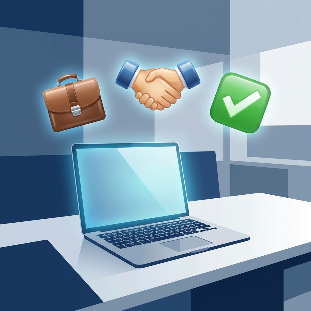 Professional workplace emoji etiquette guide featuring a briefcase and handshake symbol