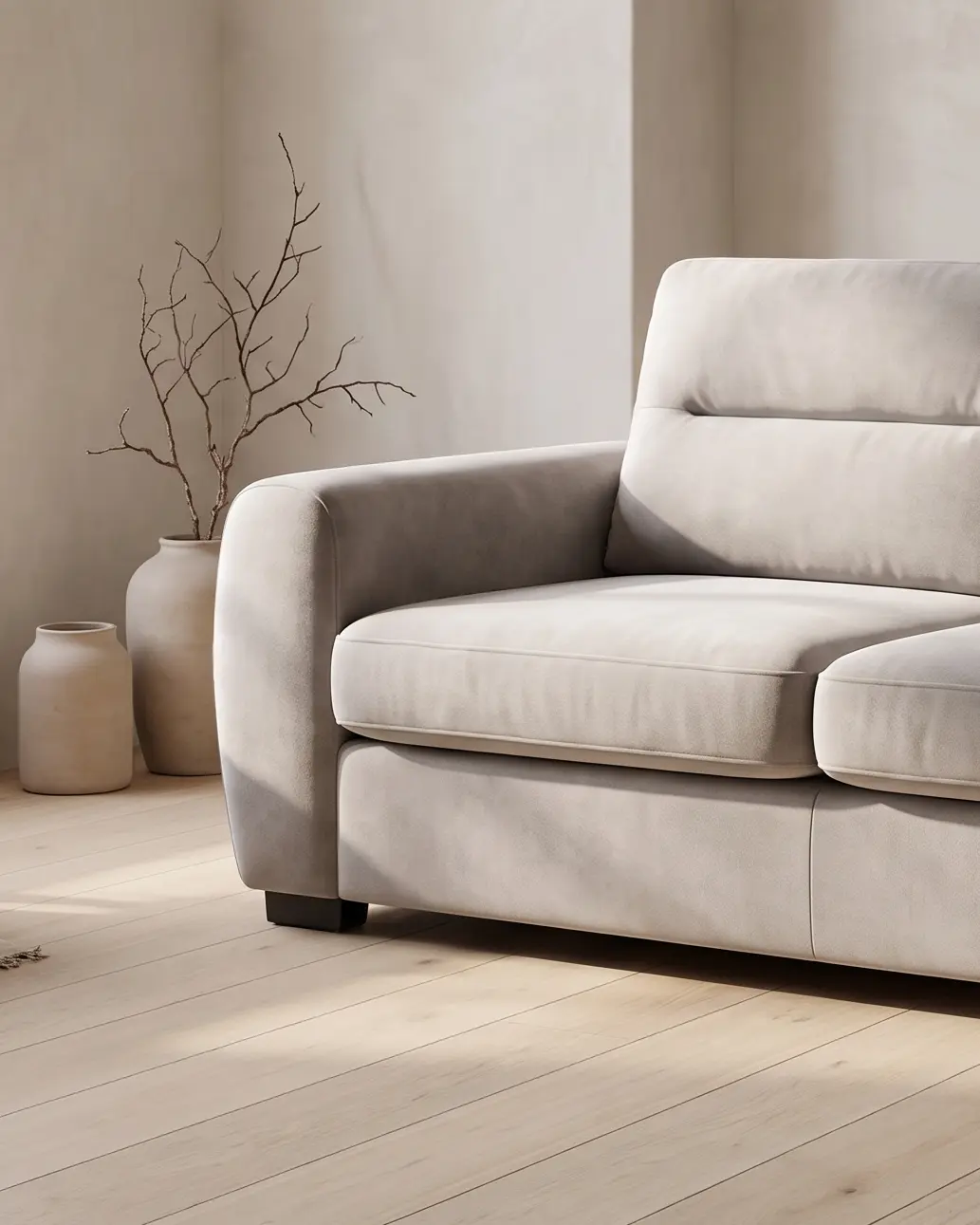 Ollomont sofa izbliza, levi rukonaslon u punom luku, oba jastuka sedišta i kratka tamna nogara ispod ugla