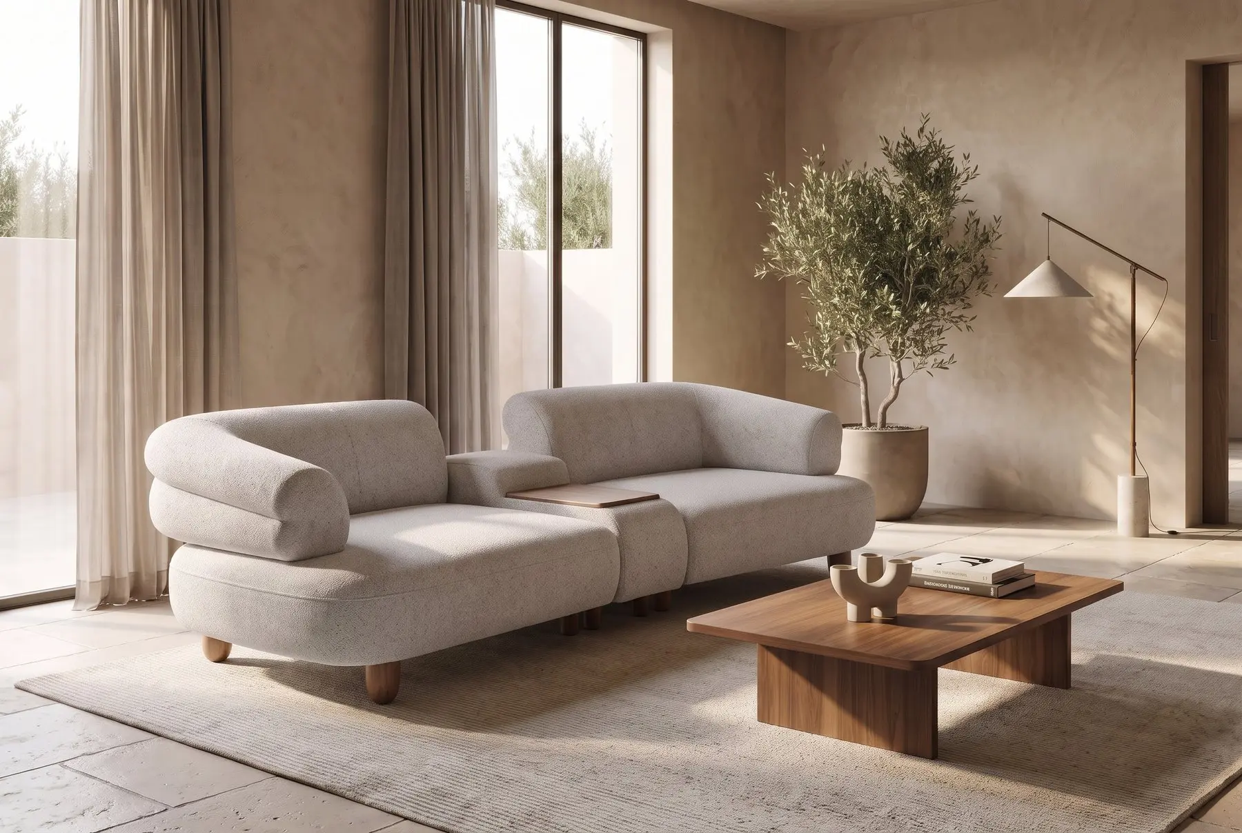 Sofa u svetlom bukle materijalu u salonu sa velikim prozorima i maslinom
