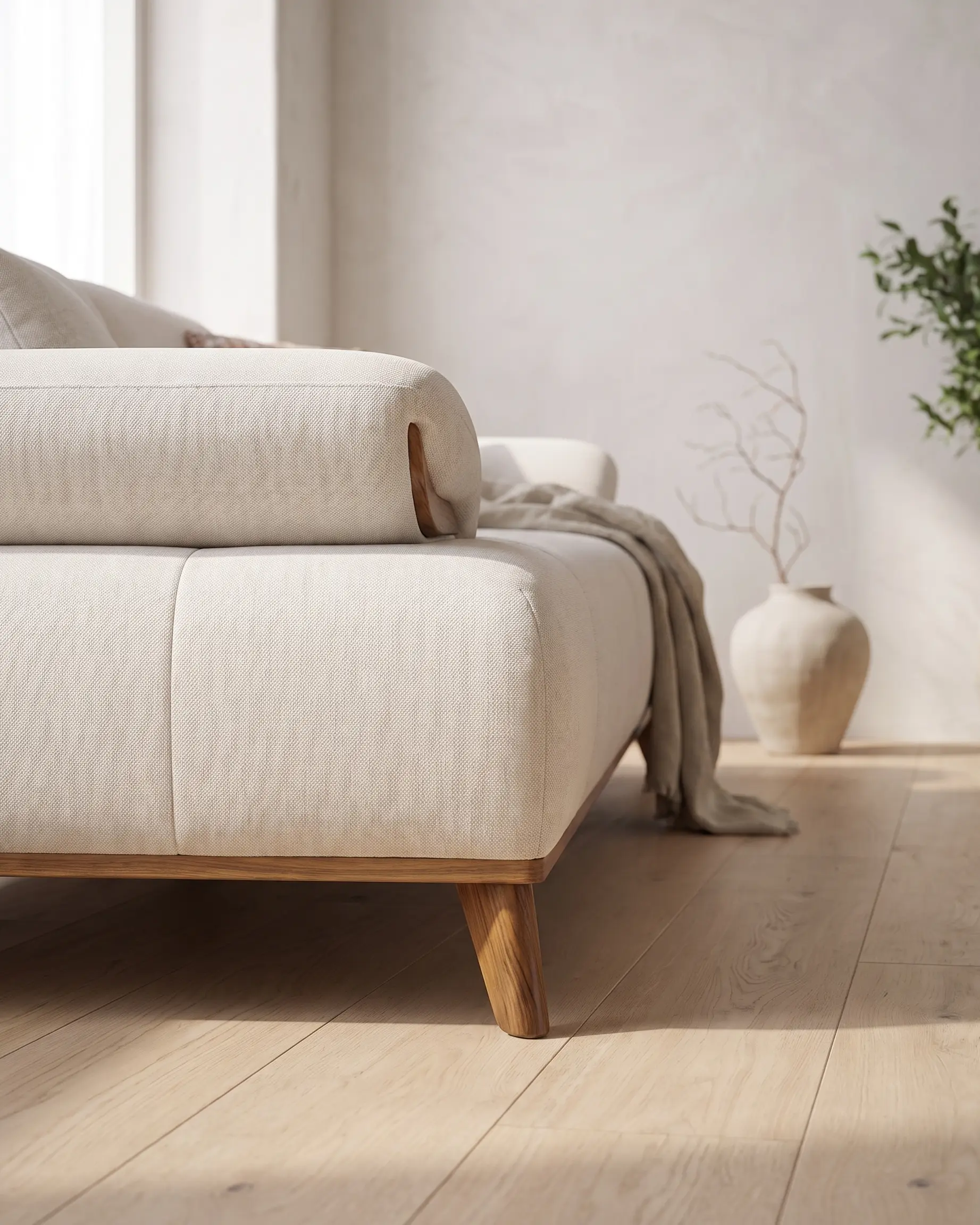 Avola sofa izbliza, tanak rub u tonu drveta uz donju ivicu i koso postavljena nogara