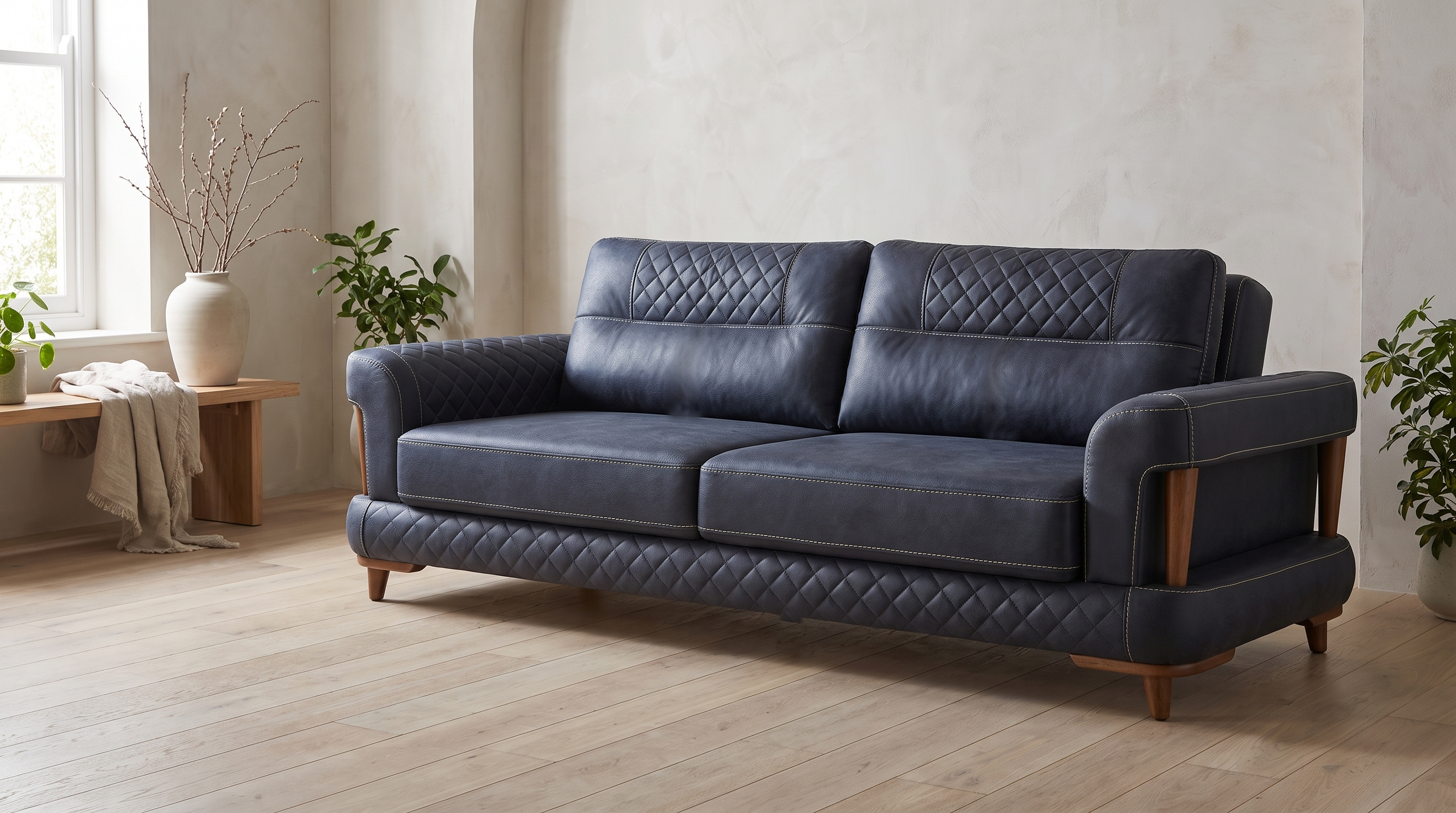 Aurigo sofa, ceo komad u prostoriji: rukonaslon podignut nad postoljem na drvenim stubovima, prošiv u rombovima po prednjem licu postolja i drvene noge pod uglovima