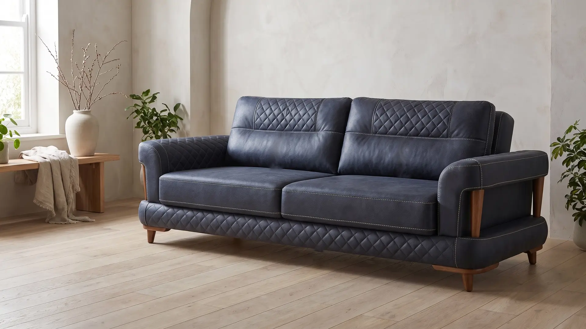 Aurigo sofa, ceo komad u prostoriji: rukonaslon podignut nad postoljem na drvenim stubovima, prošiv u rombovima po prednjem licu postolja i drvene noge pod uglovima