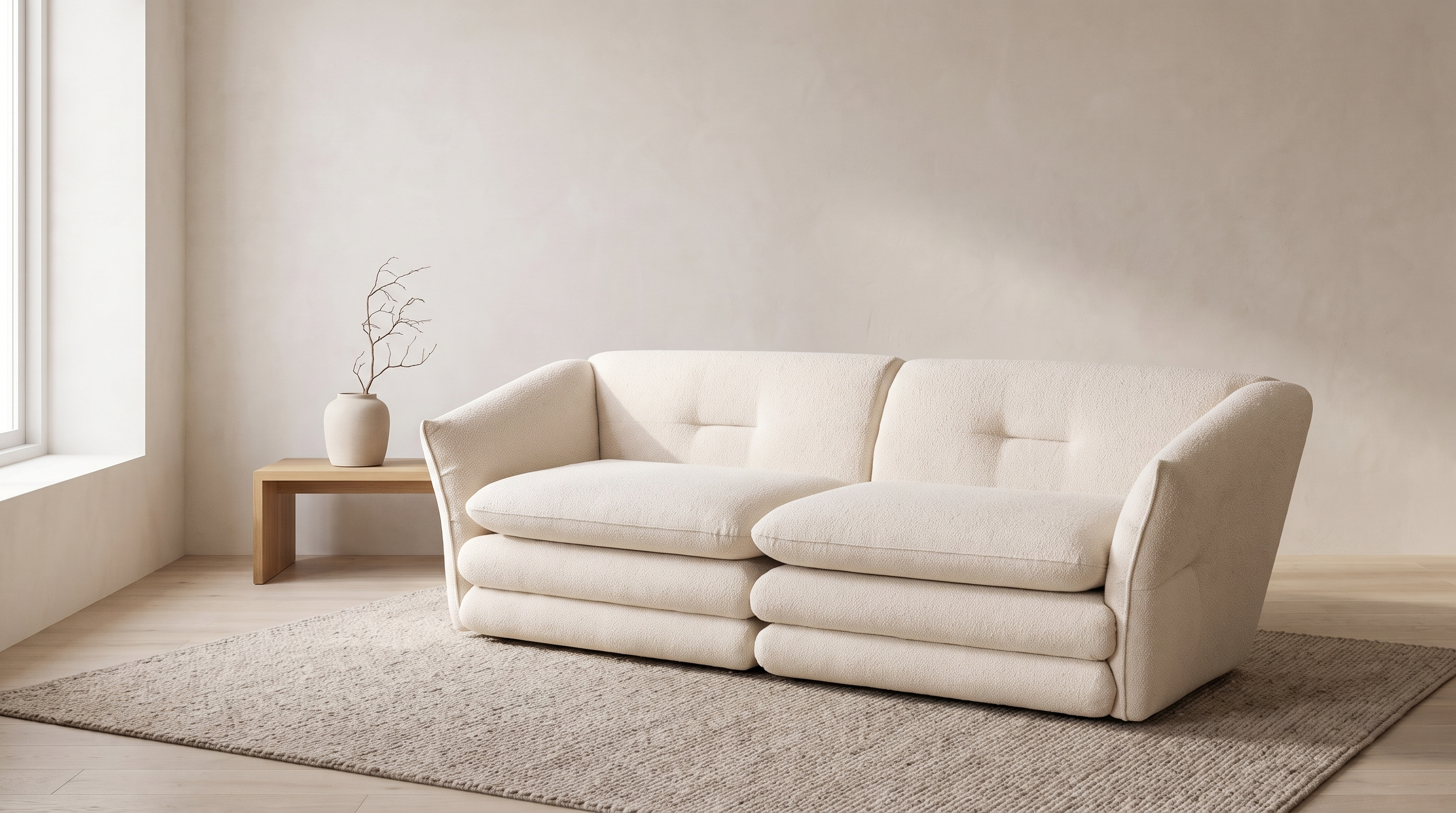 Kastav, ravna sofa od dva modula u krem boji, snimljena spreda i sleva u mirnom dnevnom boravku.