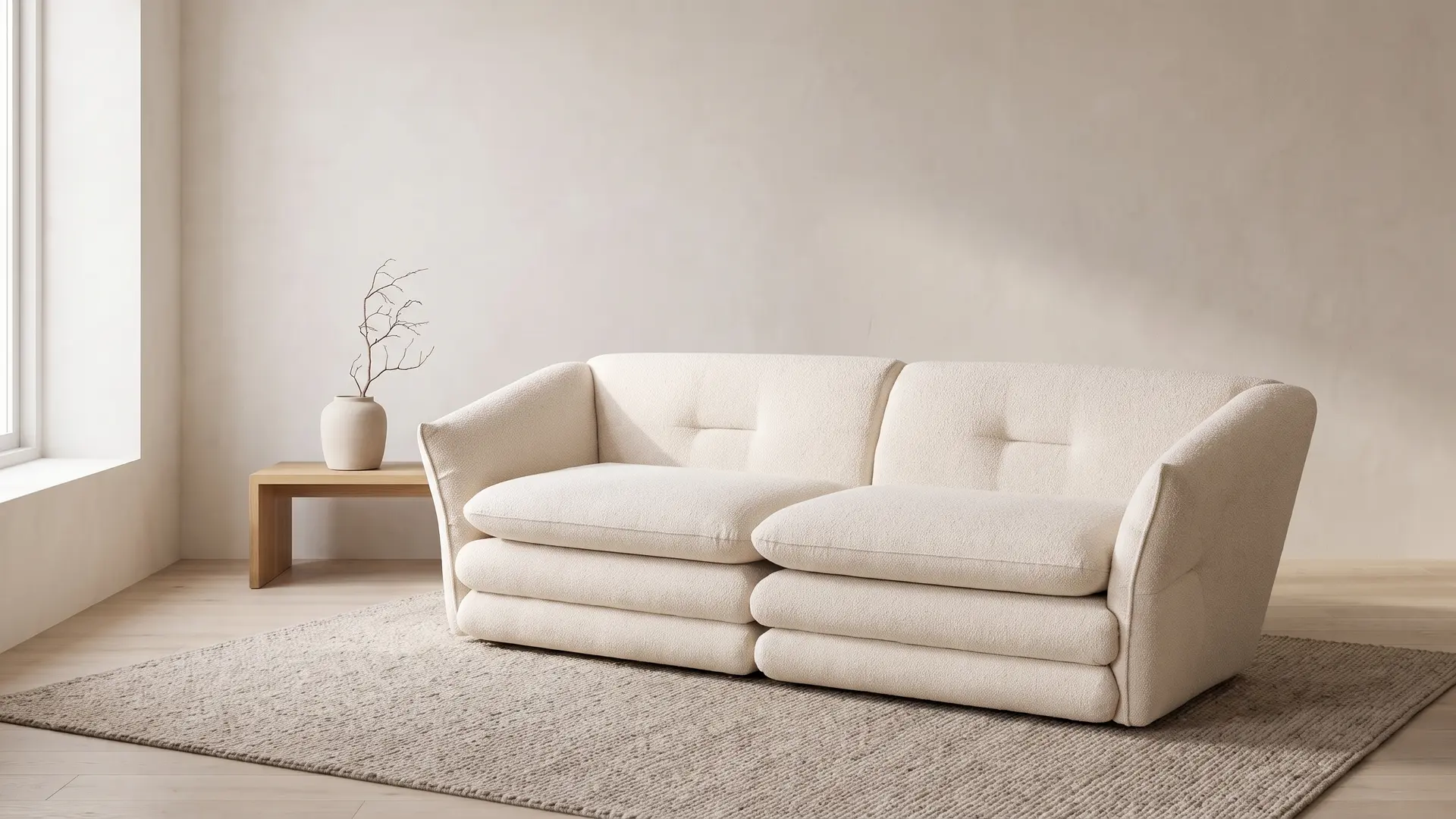 Kastav, ravna sofa od dva modula u krem boji, snimljena spreda i sleva u mirnom dnevnom boravku.