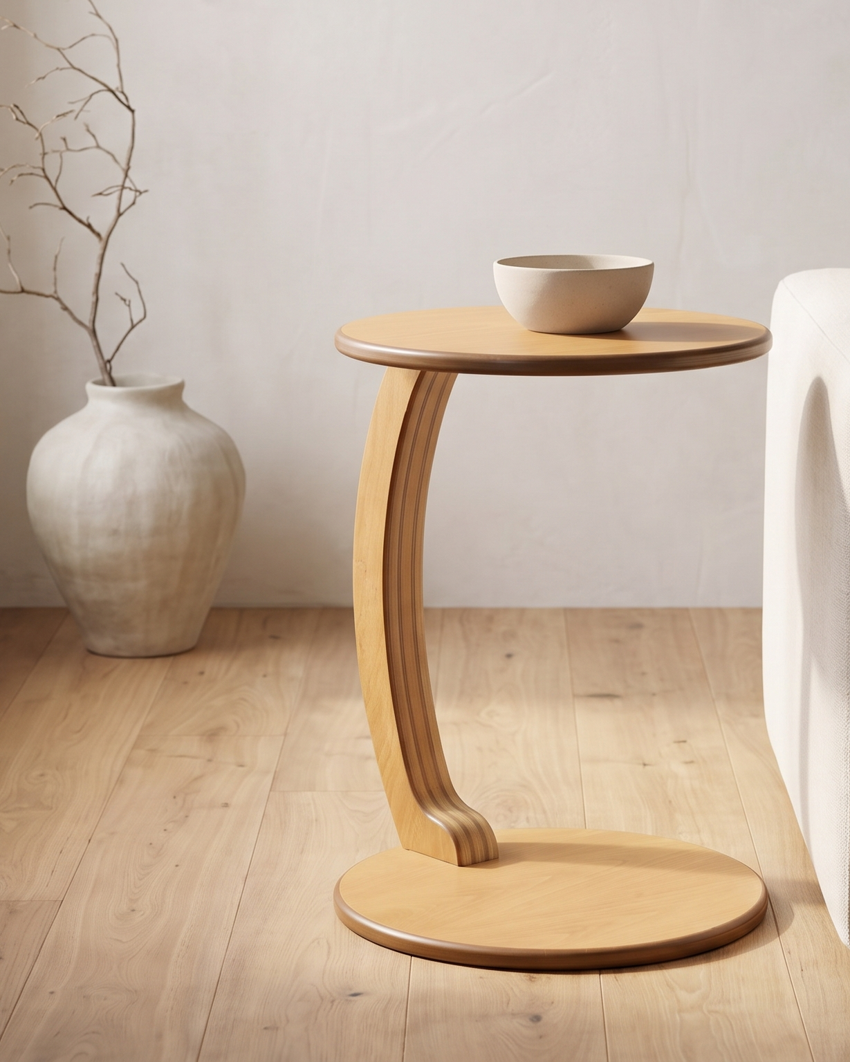 Brusje uz beli tapacirani bok sofe, koji seče kadar zdesna; ploča i disk imaju tamnosmeđ rub, a levo, dalje uz zid, stoji vaza sa tankim granama
