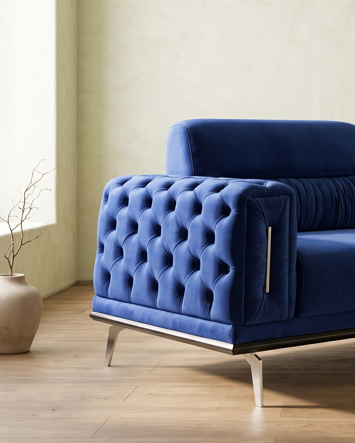 Paularo sofa u prostoriji, levi rukonaslon spreda: dugmetirani rombovi, jastuci bez dugmadi i metalne noge