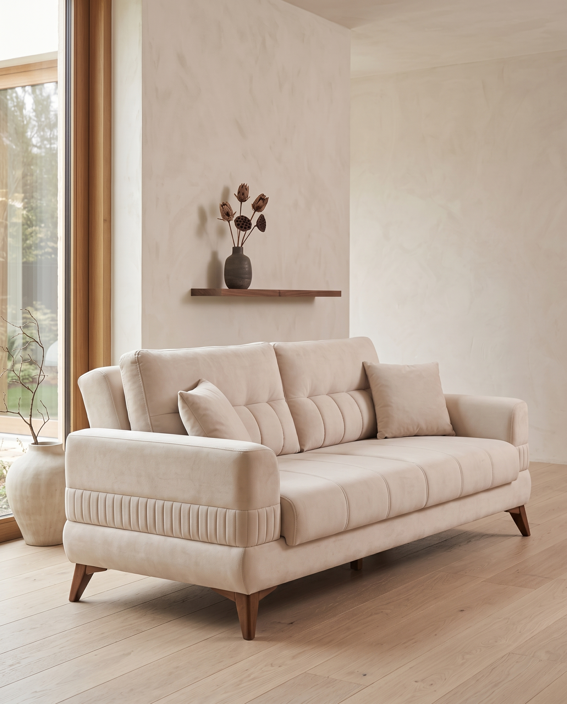 Nepi sofa u sobi, snimljena nisko iz ugla