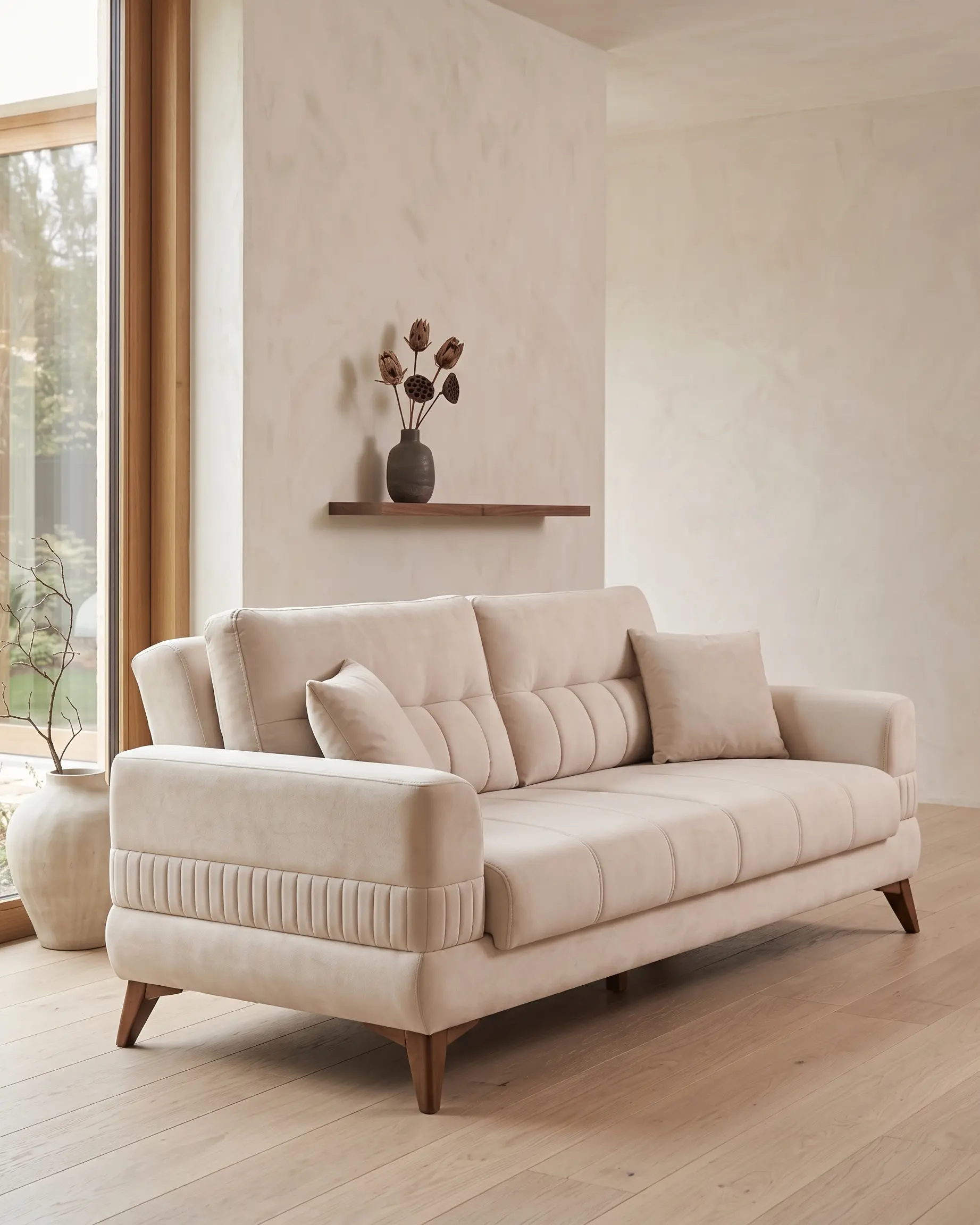 Nepi sofa u sobi, snimljena nisko iz ugla