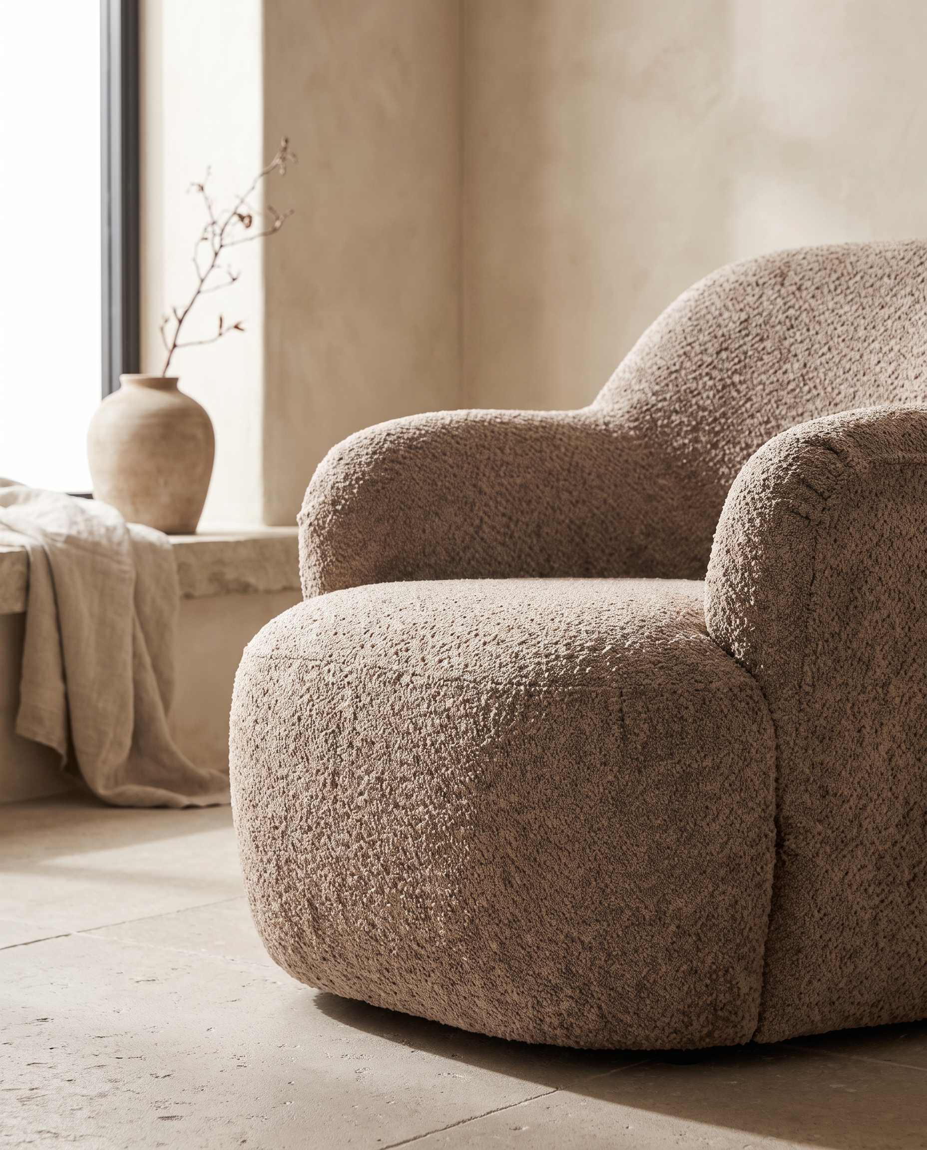 Jelsa — fotelja, zaobljena prednja strana sedišta ispred rukonaslona izbliza