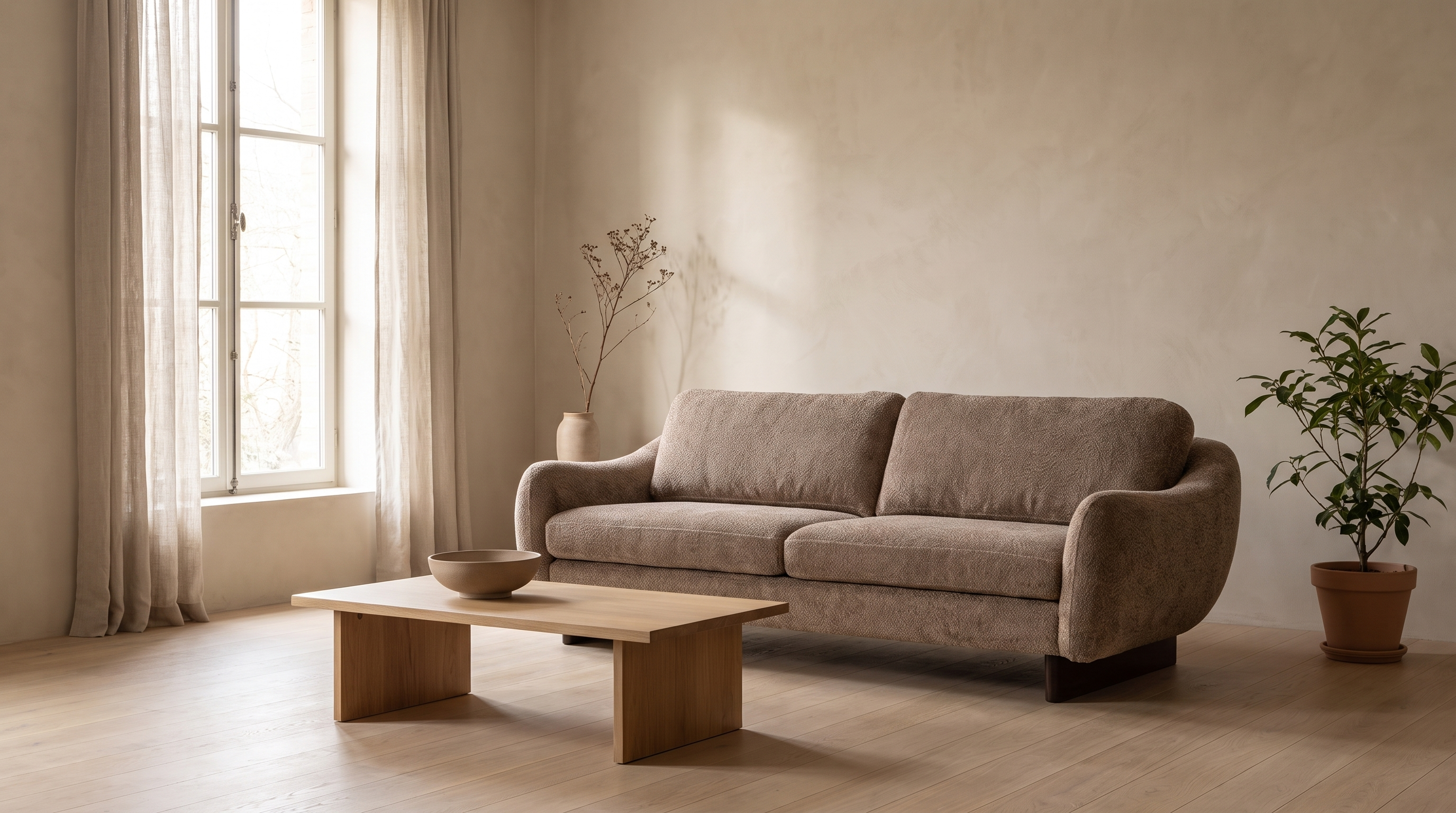 Jelsa, sofa uz svetao zid, ispred niskog stola od hrastovine