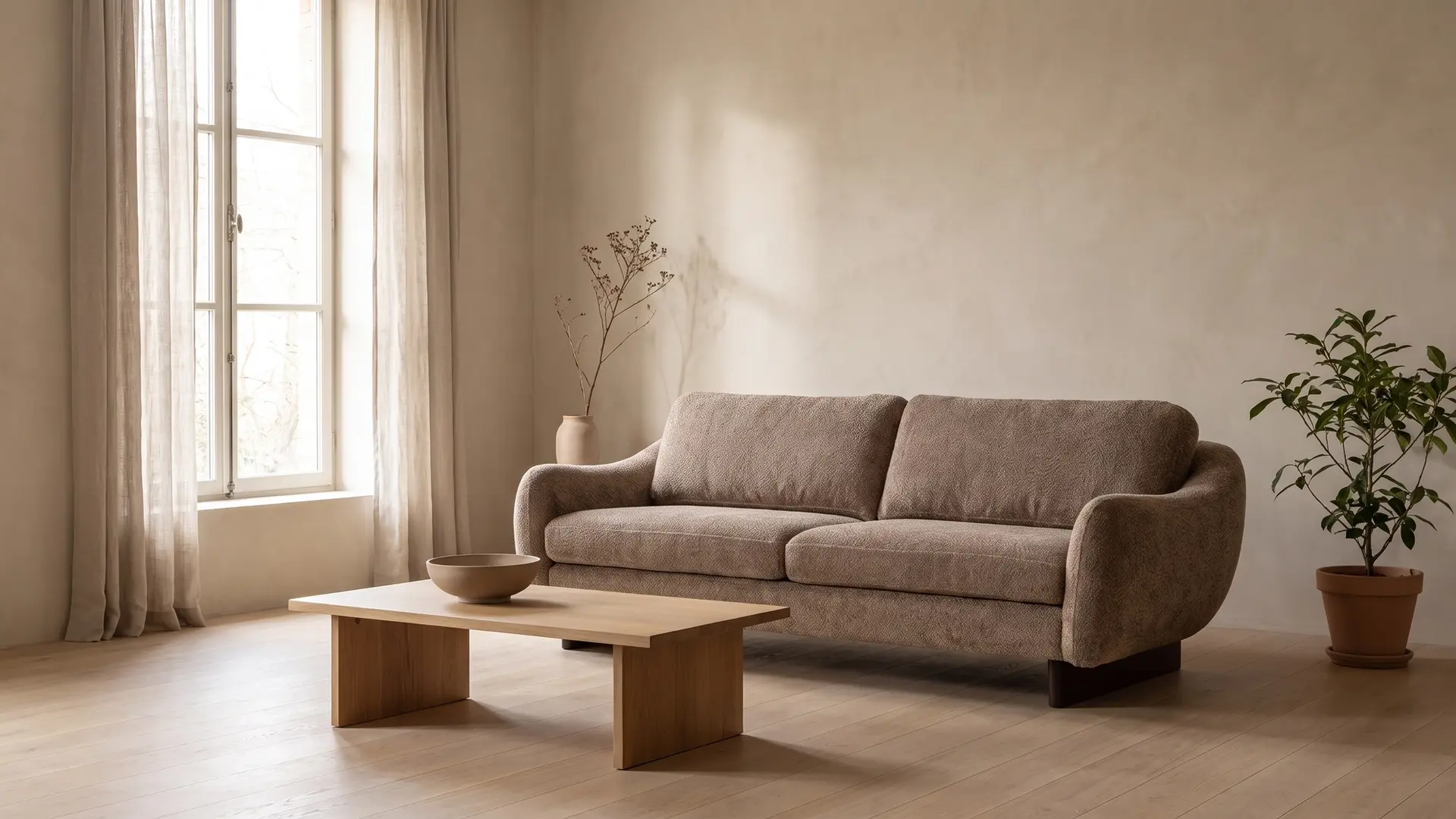 Jelsa, sofa uz svetao zid, ispred niskog stola od hrastovine