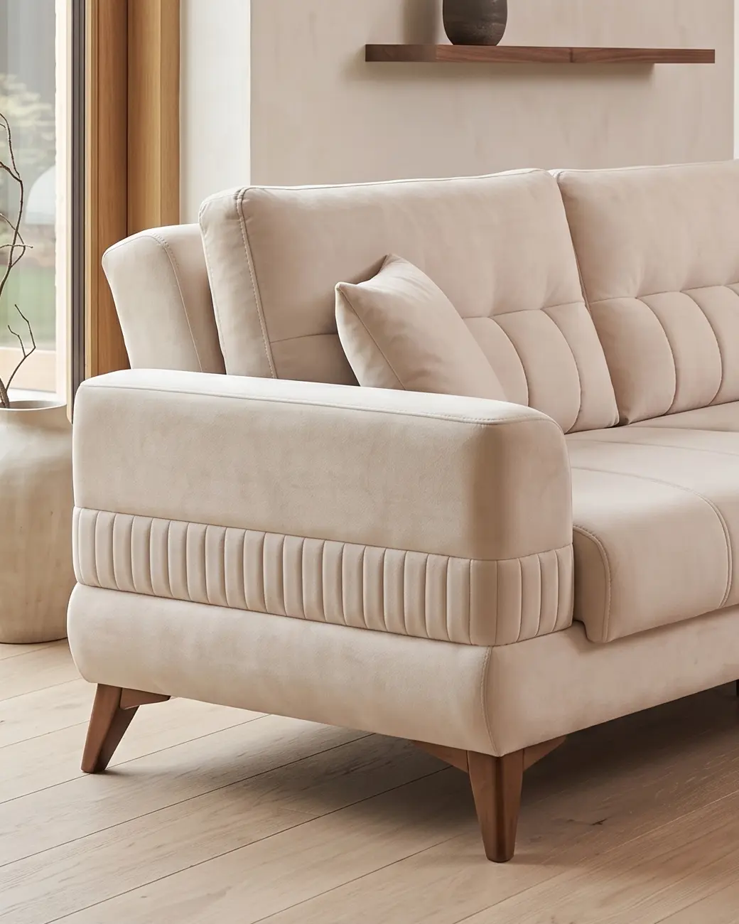 Nepi sofa, gladak gornji deo naslona i donji prošiven u niz jastučastih polja; sa boka rukonaslon sa nizom uspravnih kanala i dve kose nogare u tonu drveta