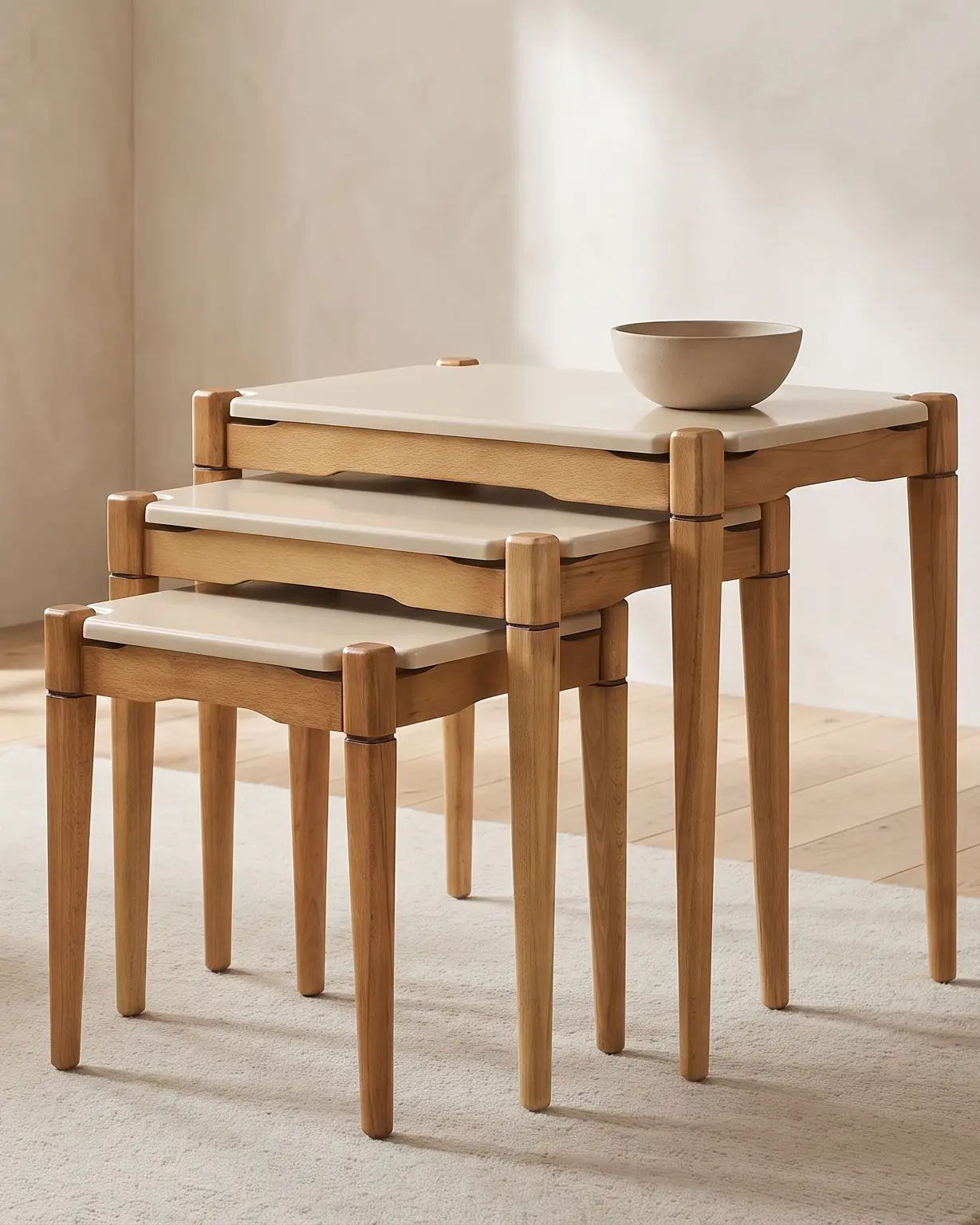 Seulo, prednje strane tri stočića, na tepihu: pod svakom krem pločom pojas sa plitkim lukom na donjoj ivici, između dva stuba