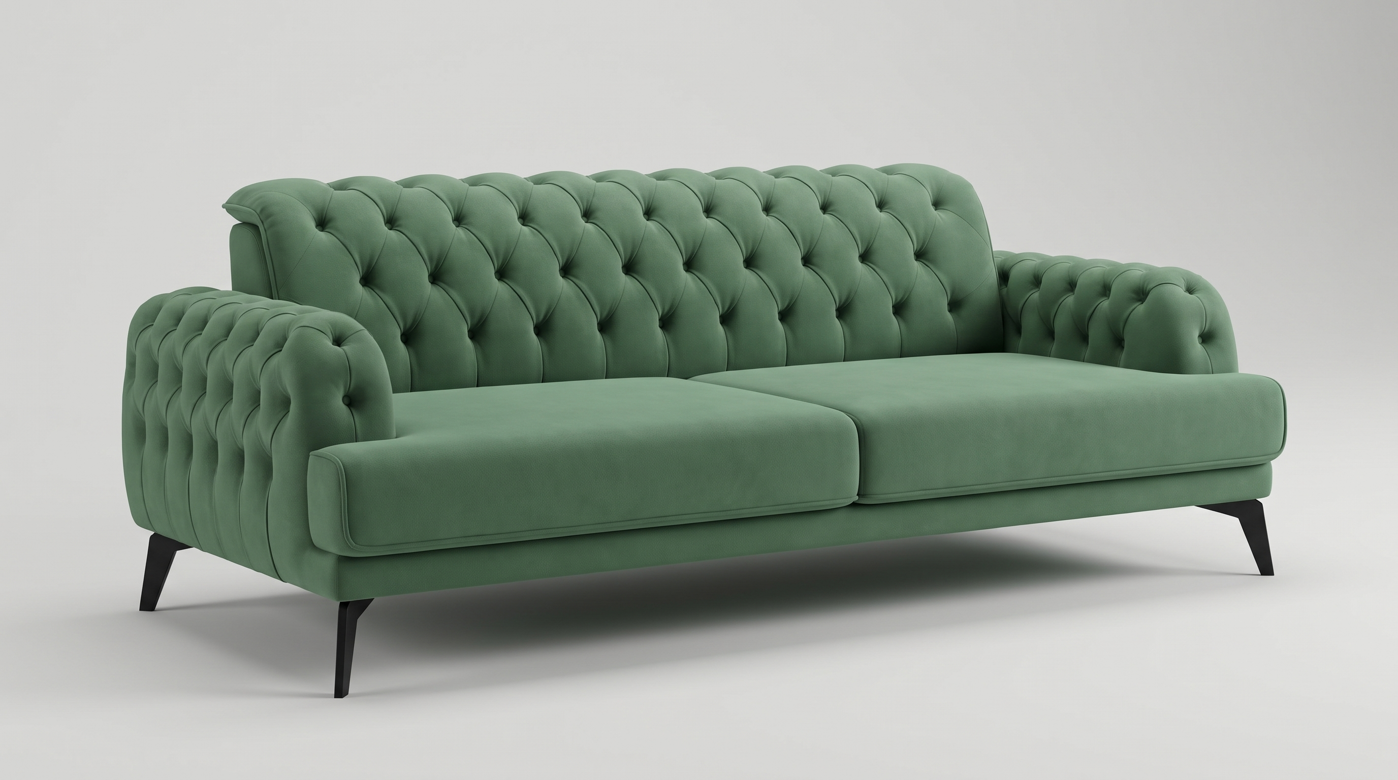 Brusson sofa u tri četvrtine, ceo komad na svetloj podlozi: prošiven naslon, glatka krila na njegovim krajevima, niski rukonasloni i dva jastuka sedišta