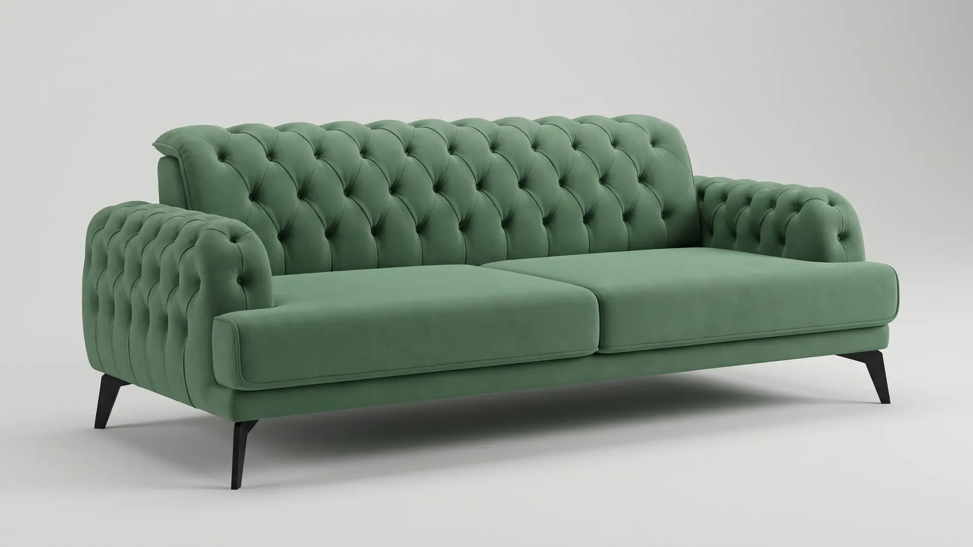 Brusson sofa u tri četvrtine, ceo komad na svetloj podlozi: prošiven naslon, glatka krila na njegovim krajevima, niski rukonasloni i dva jastuka sedišta