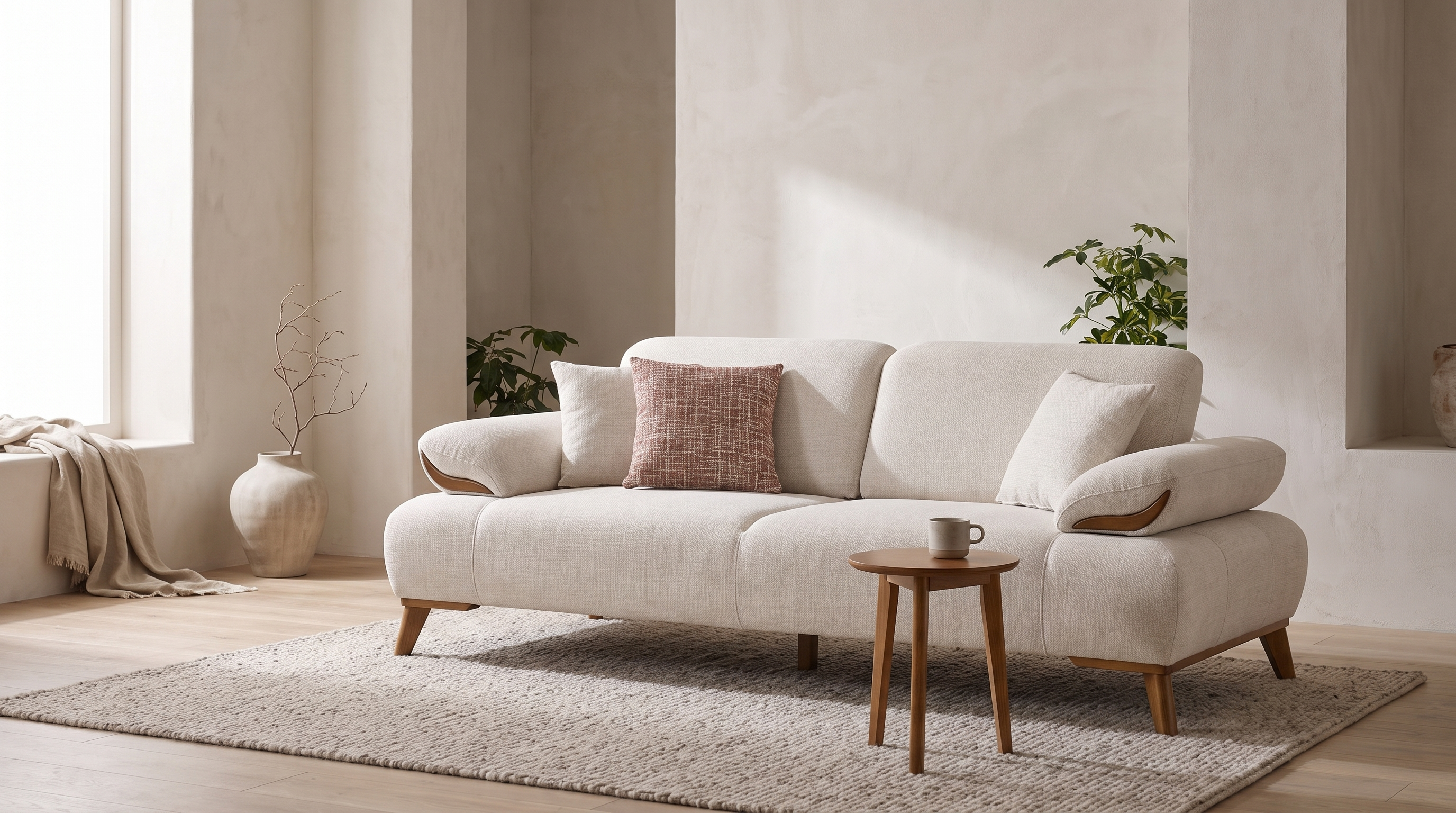 Avola sofa u mirnoj dnevnoj sobi, u tri četvrtine spreda sleva