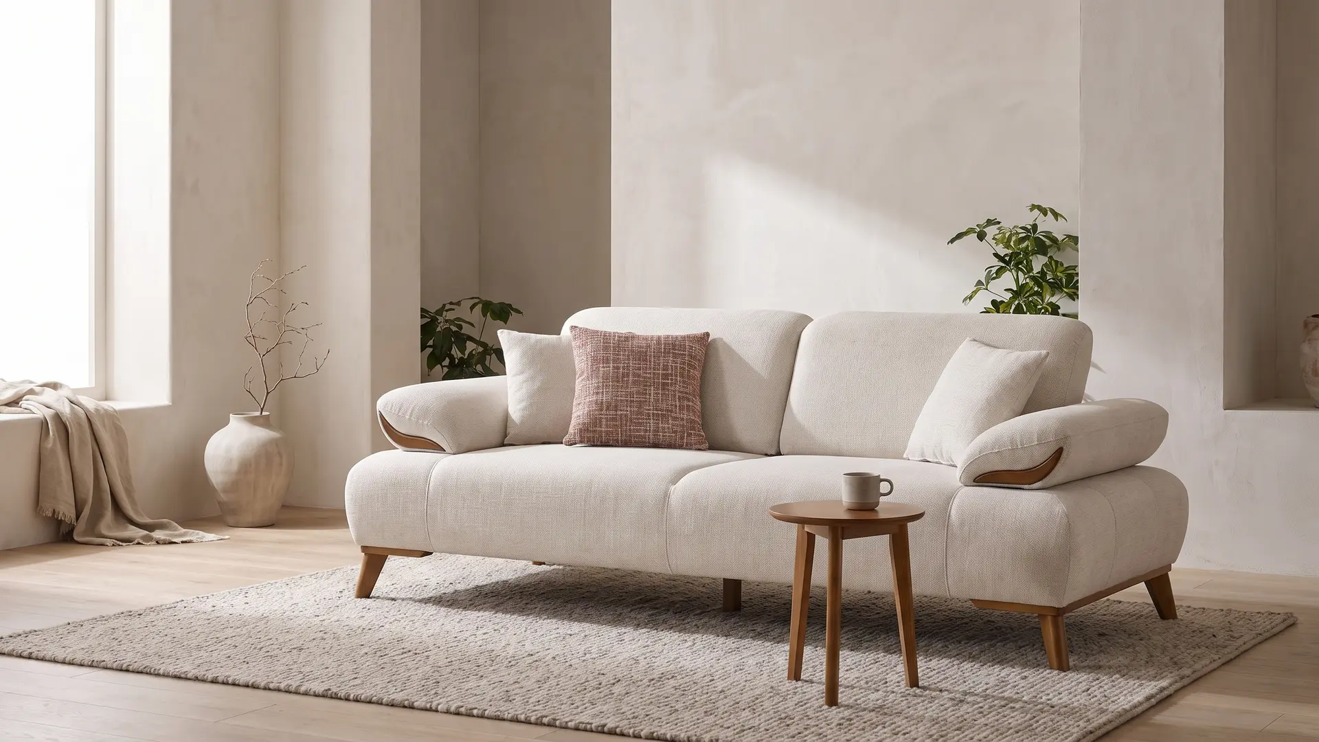 Avola sofa u mirnoj dnevnoj sobi, u tri četvrtine spreda sleva