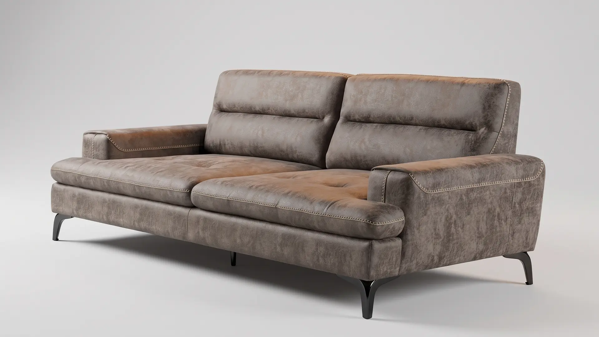 Sotta sofa, ceo komad malo ukoso: niske ravne ploče rukonaslona, naslon koji se diže iza njih i krupan bod po ivicama