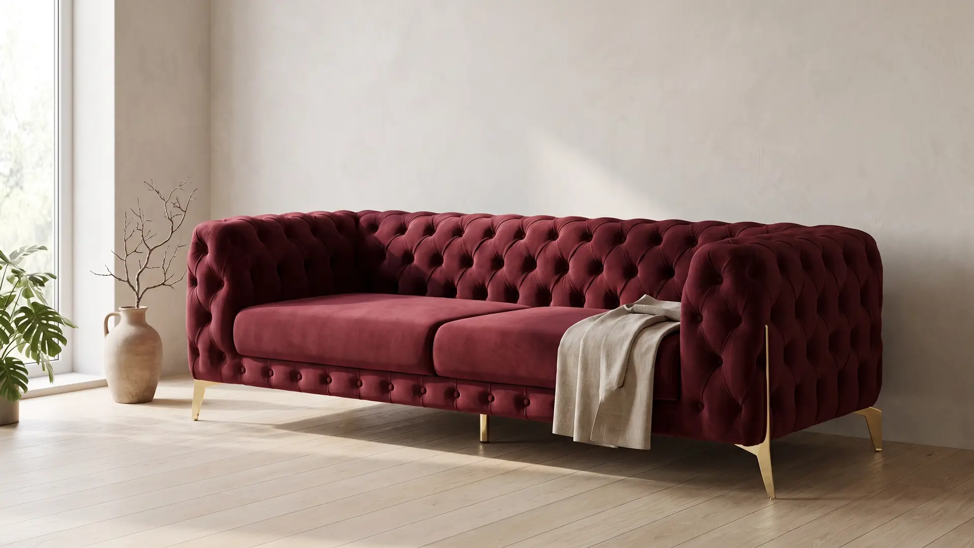 Esparron sofa u sobi sa svetlim podom, snimljena spreda i zdesna, prekrivač leži na desnom kraju sedišta i pada preko prednje ivice