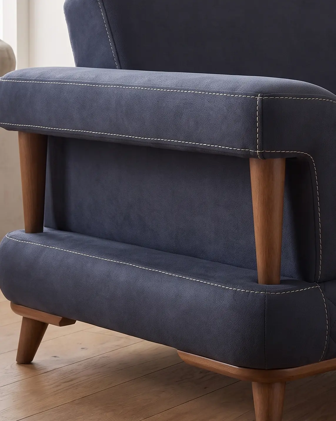 Aurigo sofa, spoj rukonaslona i postolja: dva stuba u otvoru i ravna pregrada uvučena iza njih