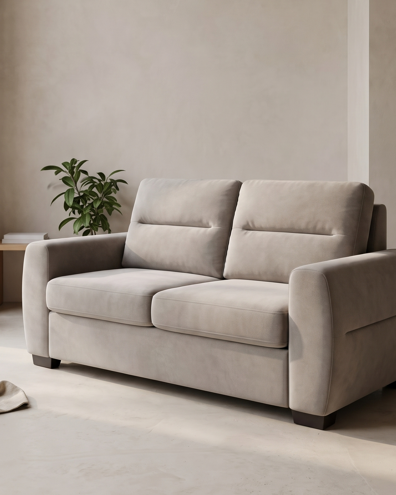 Ollomont sofa snimljena izbliza i skoro spreda, oba rukonaslona i oba jastuka sedišta u kadru, biljka iza levog kraja