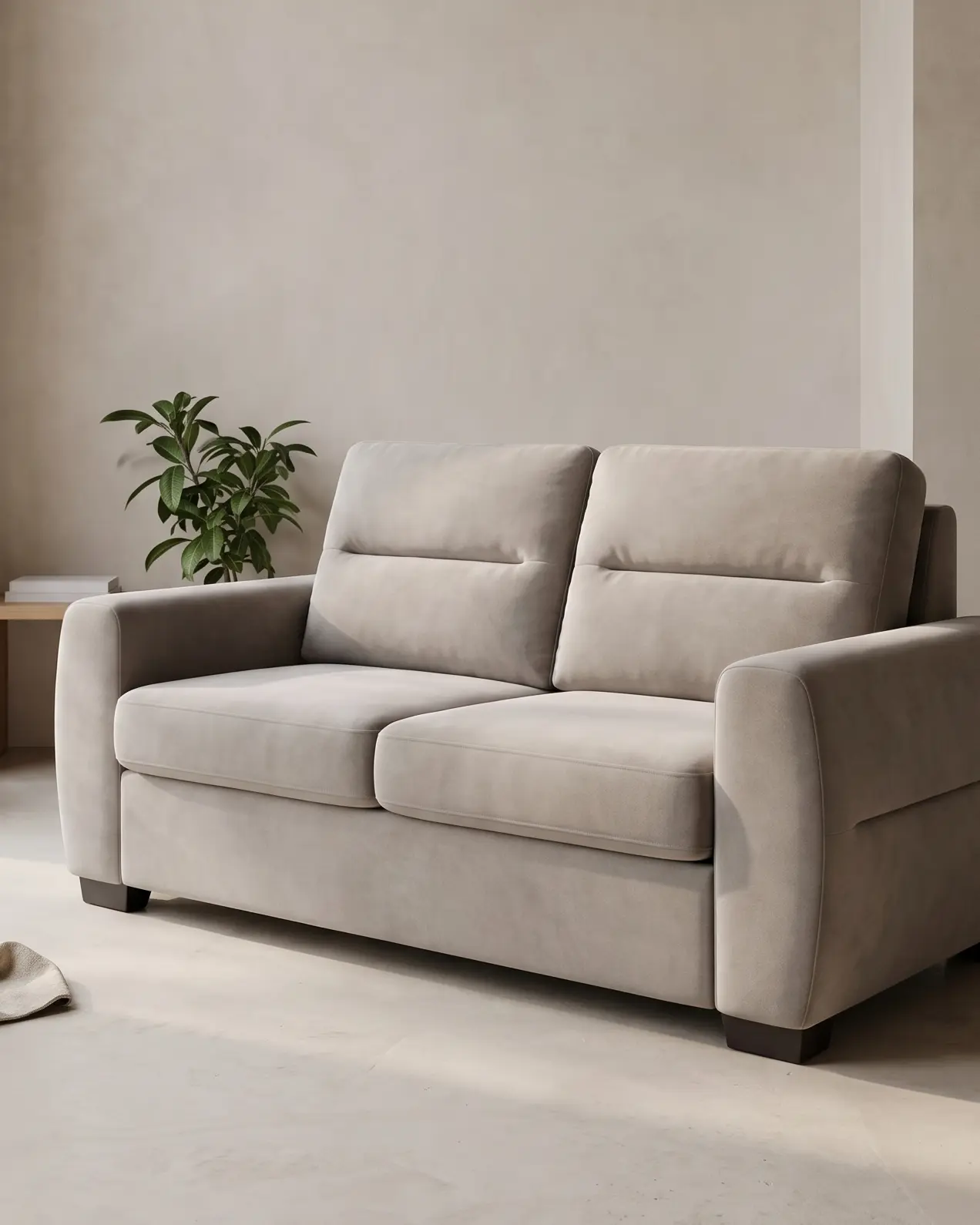 Ollomont sofa snimljena izbliza i skoro spreda, oba rukonaslona i oba jastuka sedišta u kadru, biljka iza levog kraja