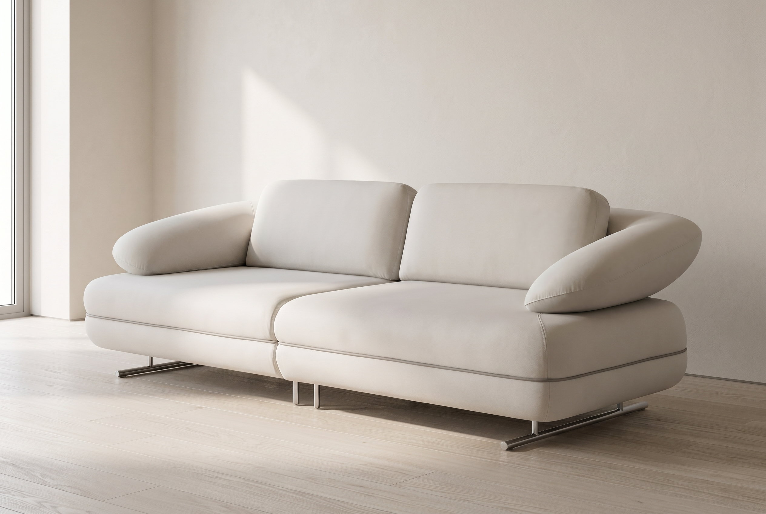 Gassin — sofa, studijski snimak iz tri četvrtine, ovalni jastuci spušteni kao rukonasloni