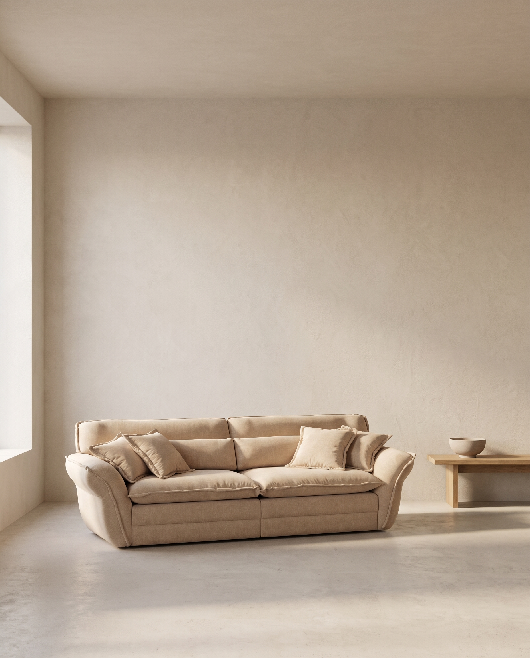 Valun, sofa u tihoj sobi uz dugačak svetao zid