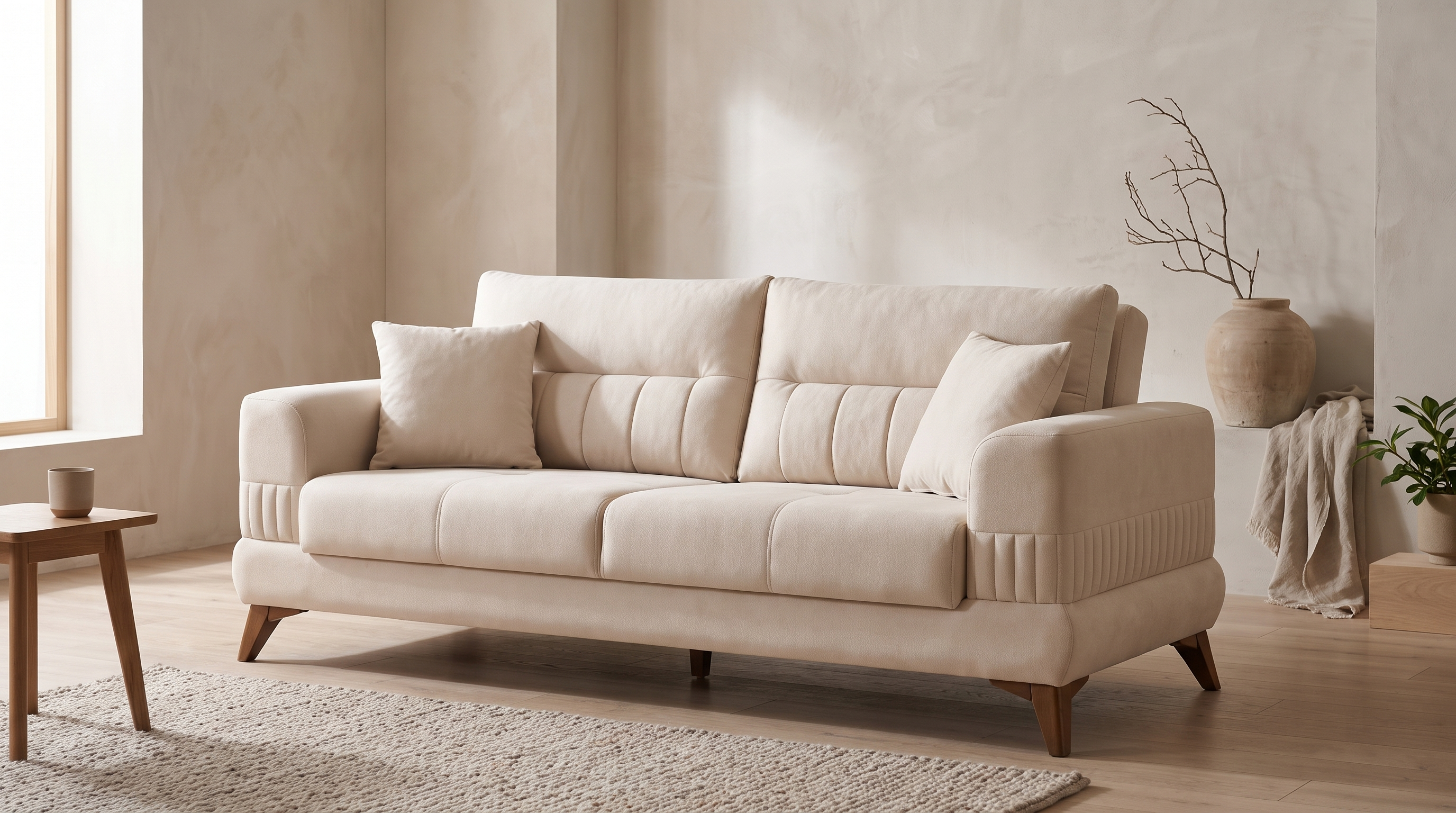 Nepi sofa u mirnoj dnevnoj sobi, snimljena u tri četvrtine