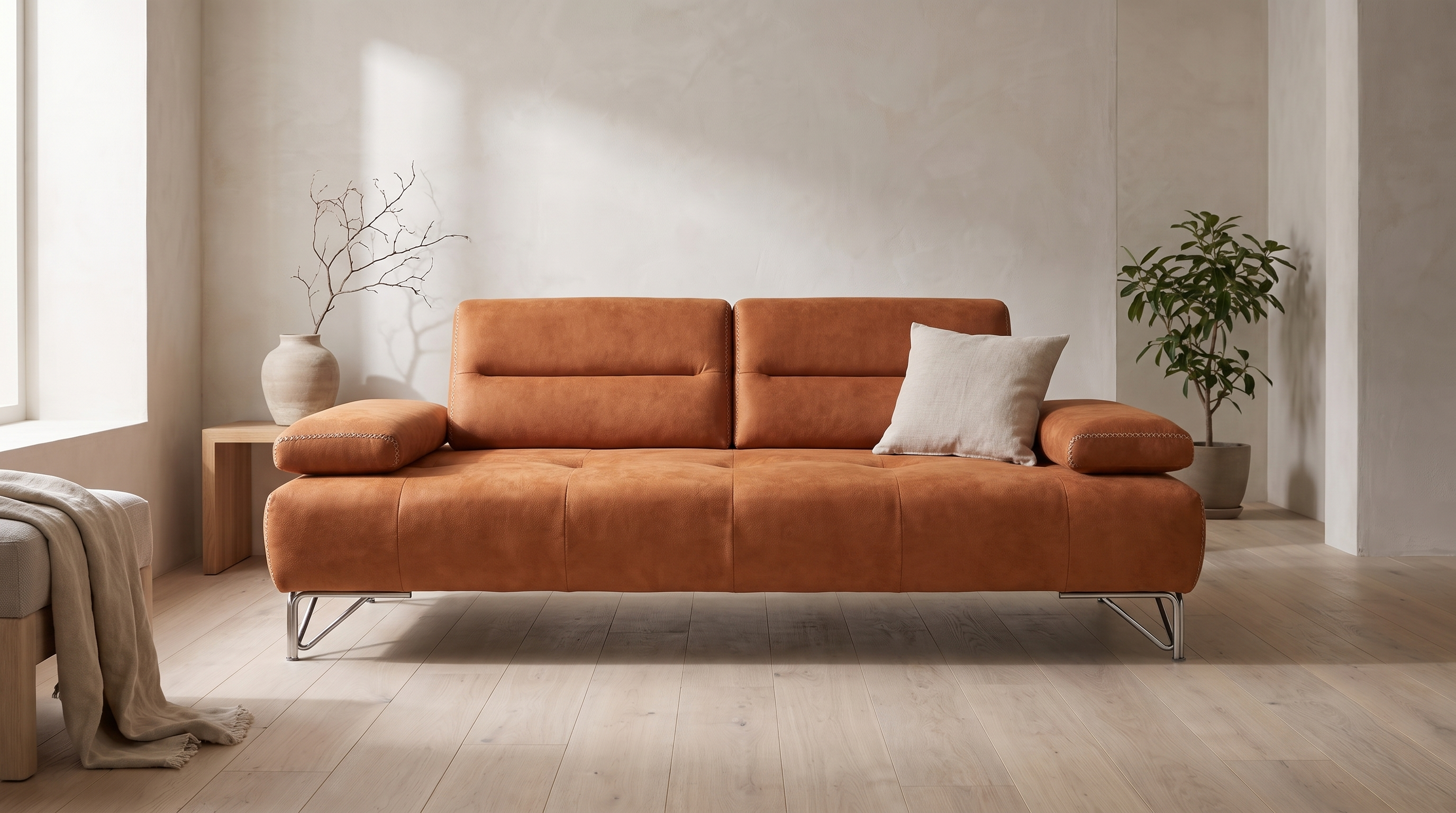 Ortisei sofa u dnevnoj sobi, snimljena spreda, svetao kvadratni jastuk leži na desnoj polovini sedišta