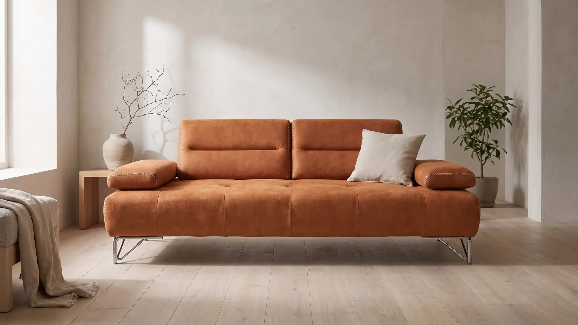 Ortisei sofa u dnevnoj sobi, snimljena spreda, svetao kvadratni jastuk leži na desnoj polovini sedišta