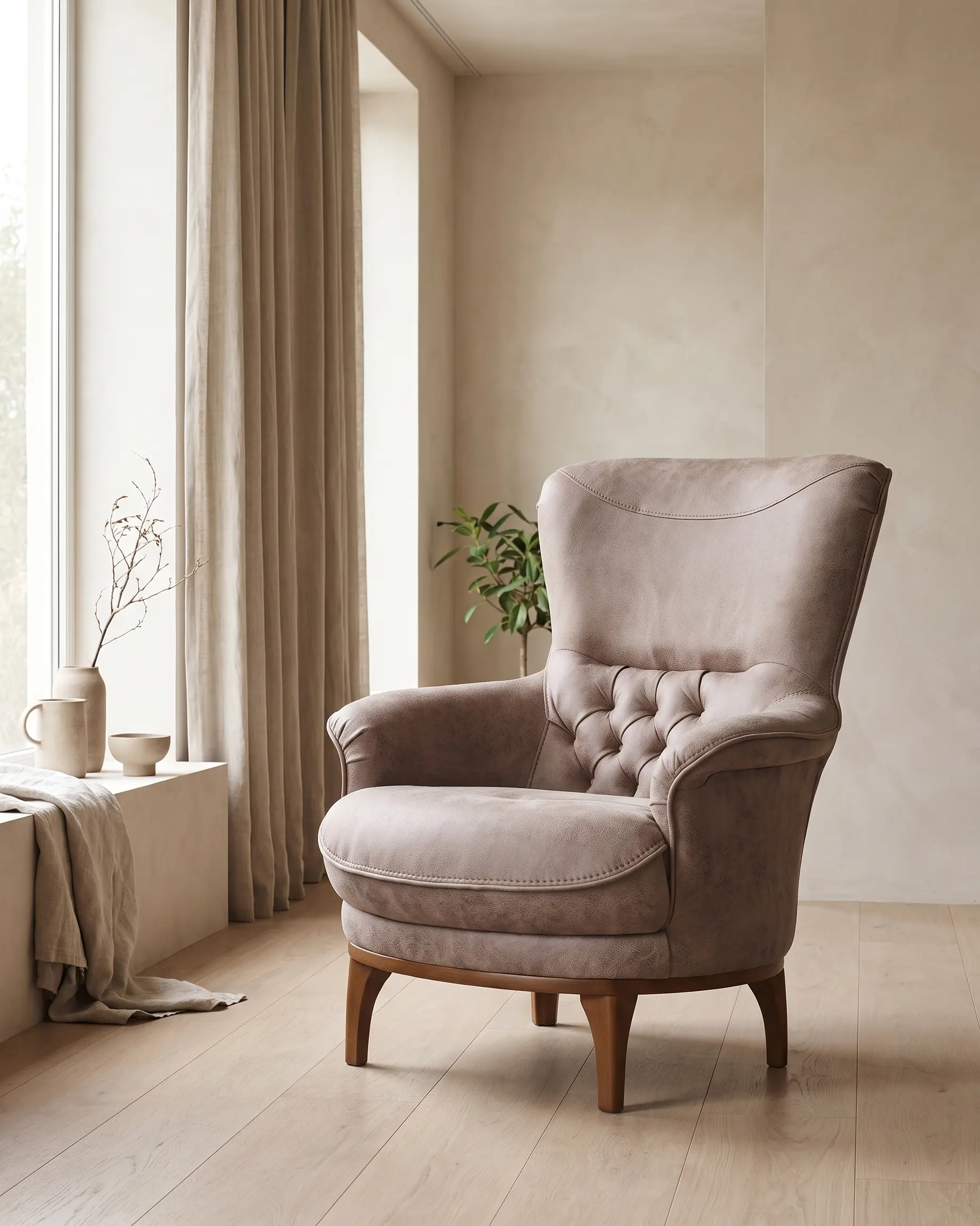Trenta — fotelja uz zid, pored visokog prozora sa lanenim zavesama