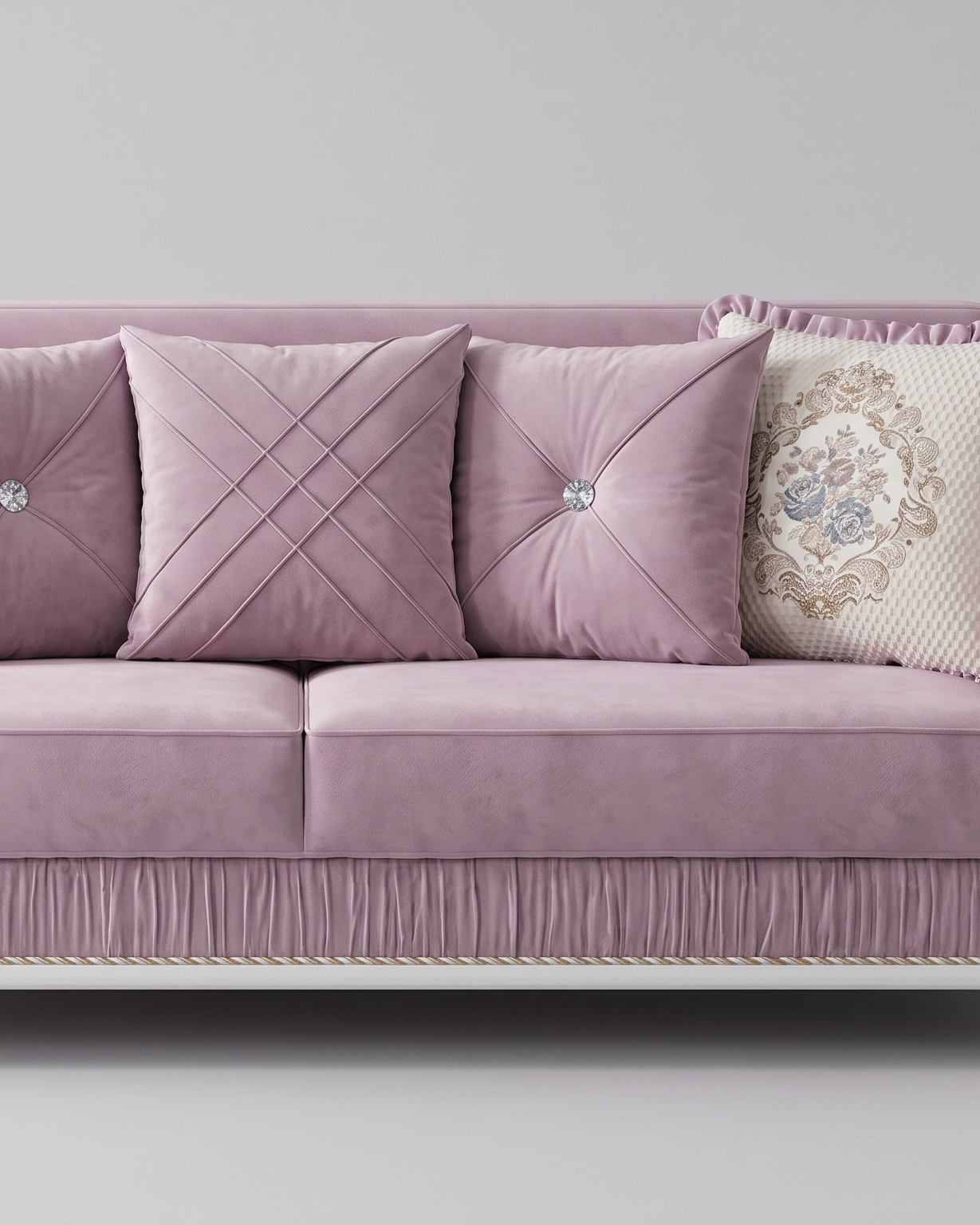 Torbole sofa, sredina komada: oba jastuka sedišta, nabrana traka ispod njih i uska bela letva sa upredenim gajtanom