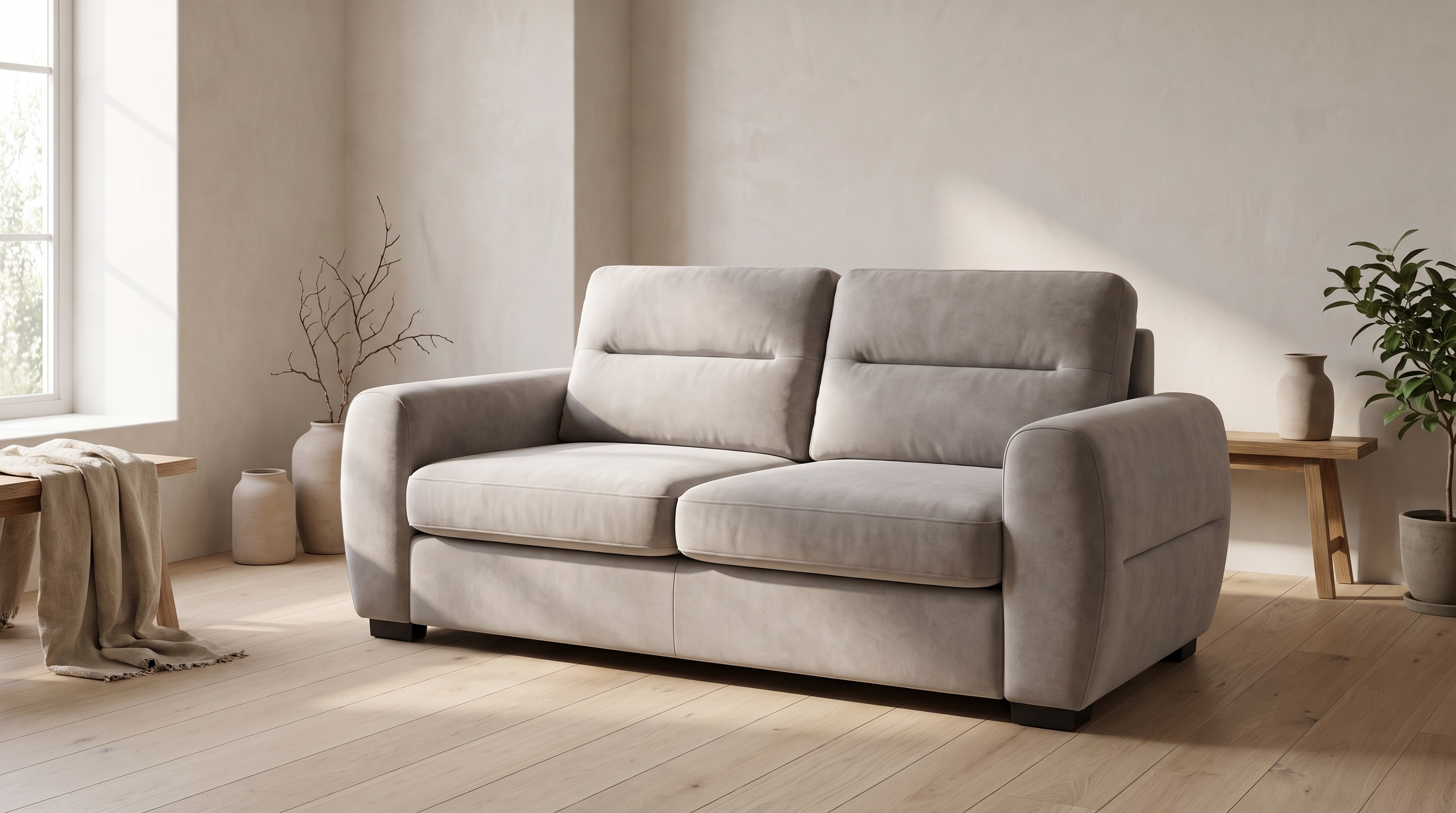 Ollomont sofa u mirnoj sobi na drvenom podu, snimljena spreda i zdesna, prekrivač prebačen preko klupe levo