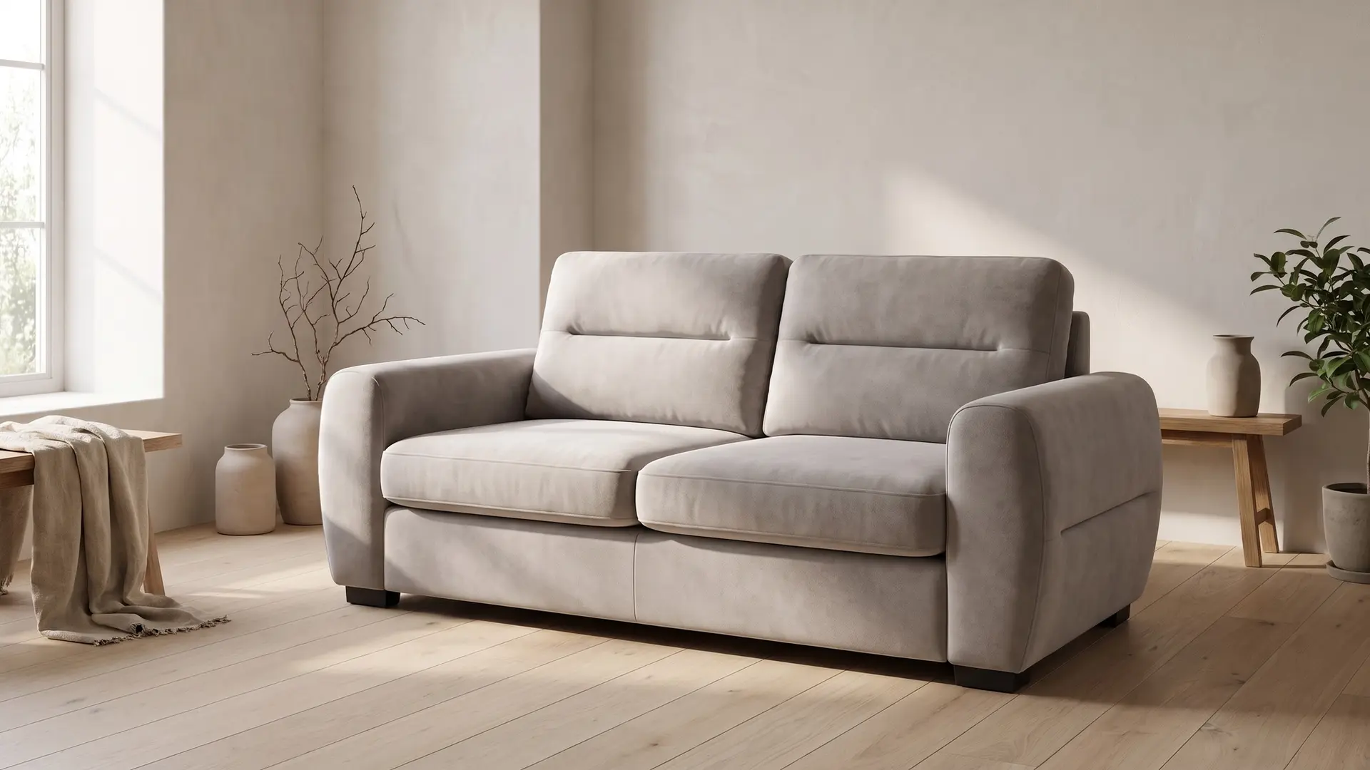 Ollomont sofa u mirnoj sobi na drvenom podu, snimljena spreda i zdesna, prekrivač prebačen preko klupe levo