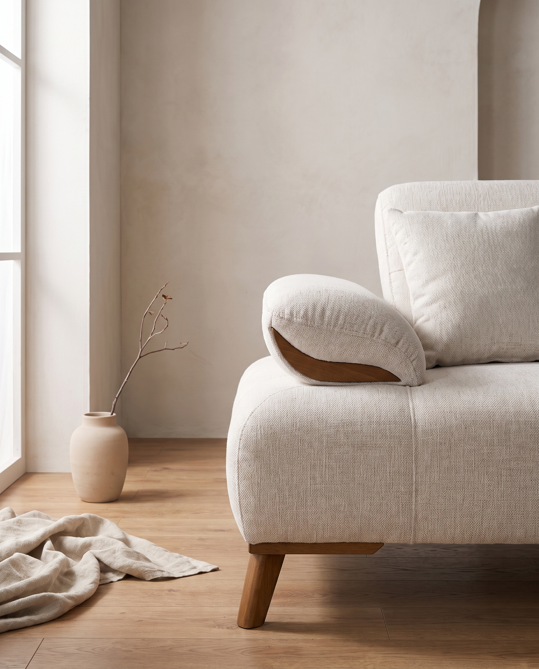 Avola sofa izbliza, rukonaslon s povijenom trakom u tonu drveta ispod prednjeg kraja