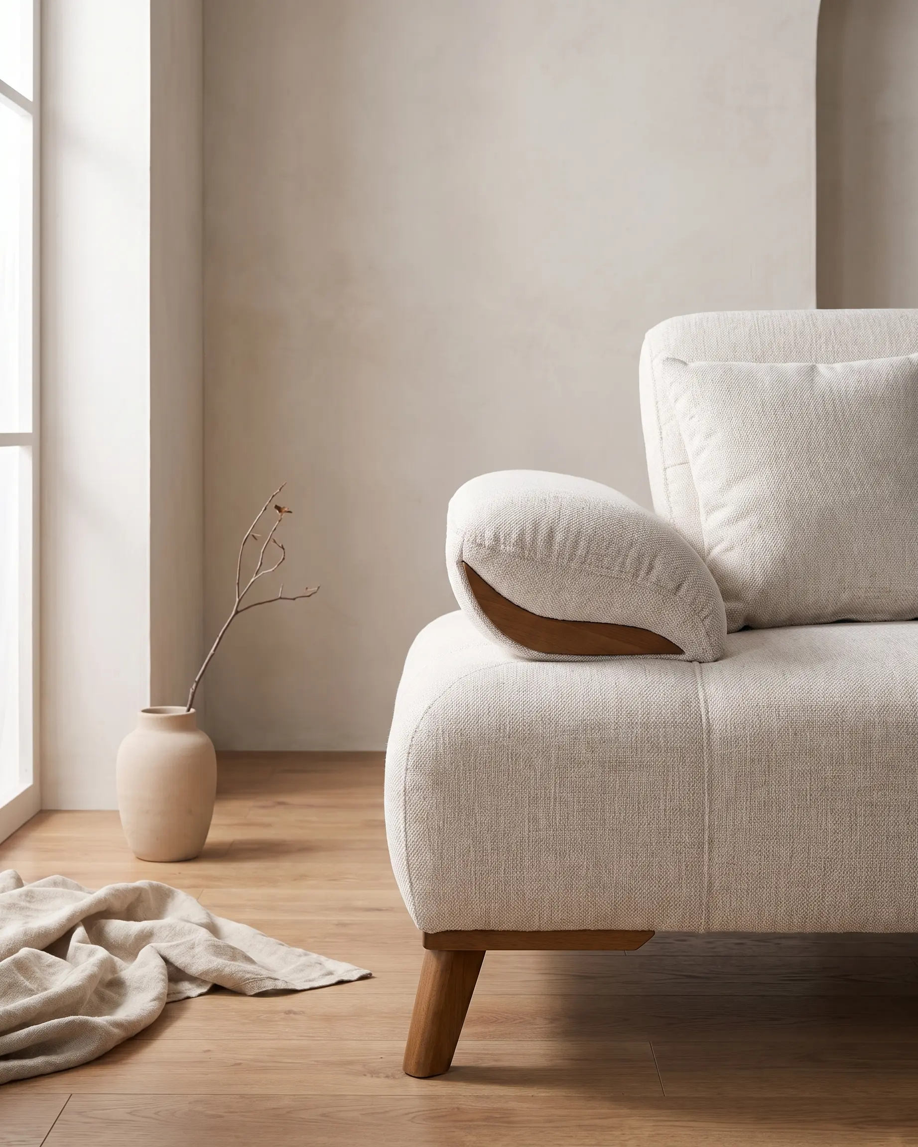 Avola sofa izbliza, rukonaslon s povijenom trakom u tonu drveta ispod prednjeg kraja