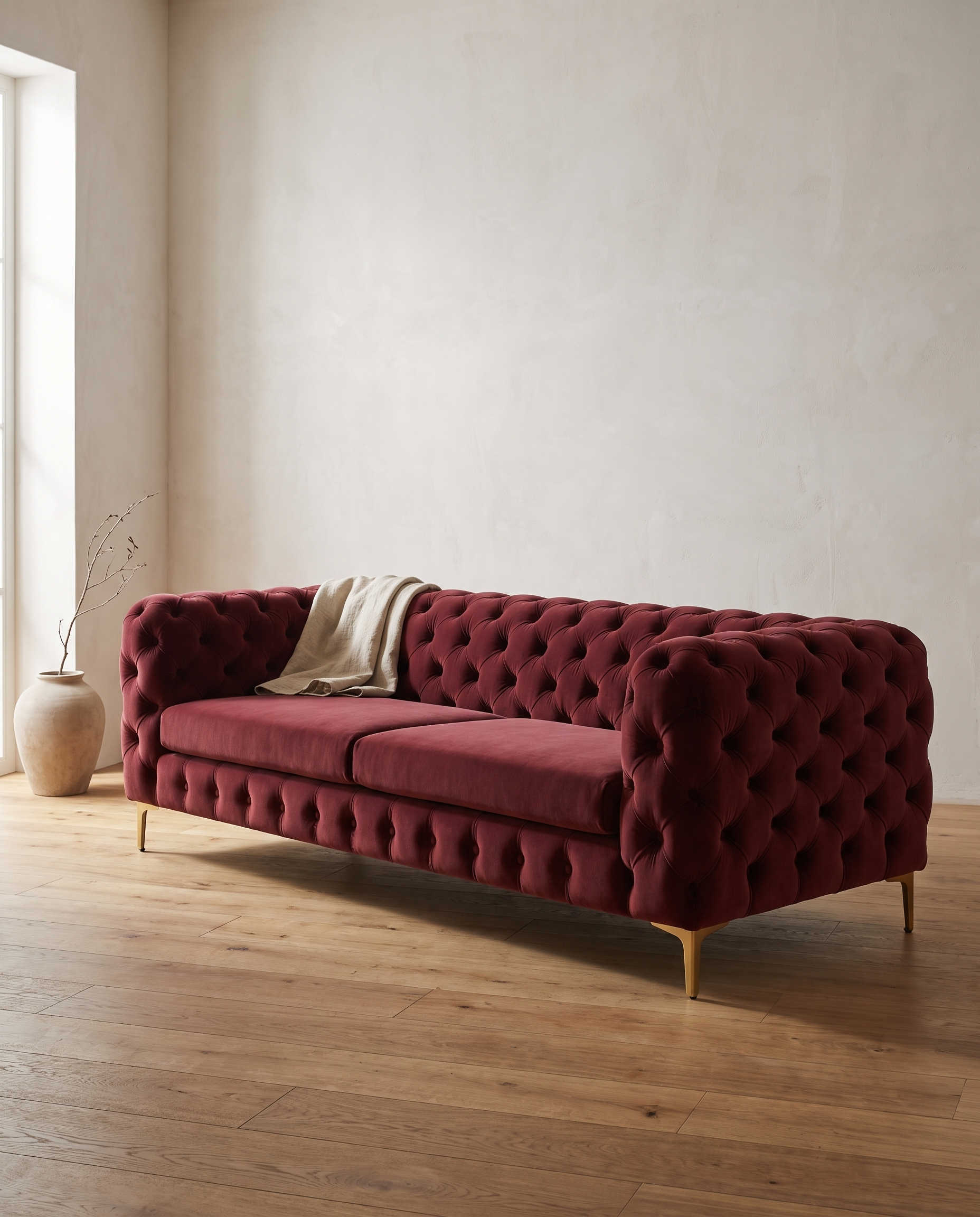 Esparron sofa u uspravnom kadru sobe, prekrivač prebačen preko levog rukonaslona, keramički ćup sa granom levo