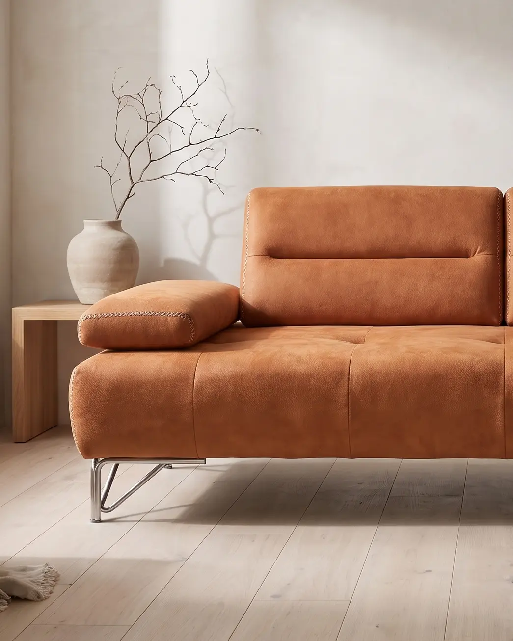 Ortisei sofa, levi kraj platforme sa jastukom rukonaslona koji leži ravno i nogarom od savijene metalne cevi ispod