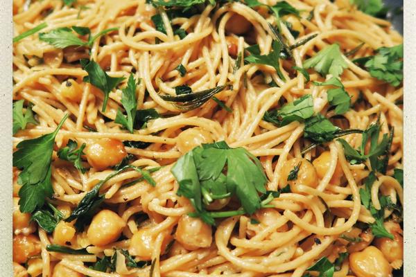Whole Grain Spaghetti with Chickpeas, Fresh Herbs, Garlic and Oil