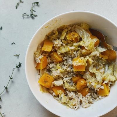 Butternut Squash Stew with Coconut Cream over Brown Jasmine Rice