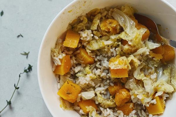 Butternut Squash Stew with Coconut Cream over Brown Jasmine Rice