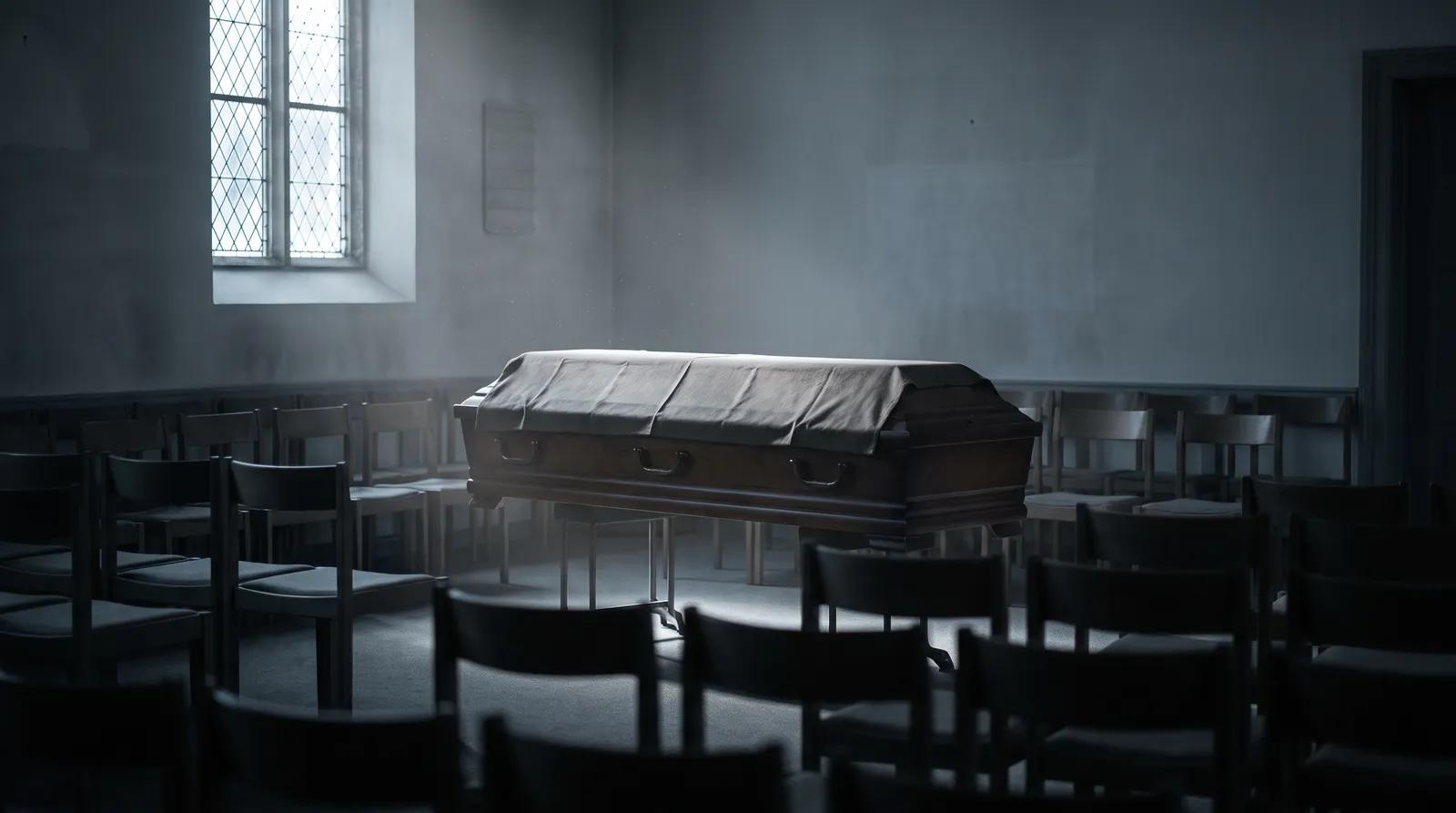 A single closed casket in an empty funeral chapel, representing cremation or burial without family authorization.