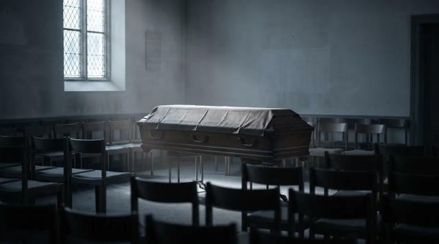A single closed casket in an empty funeral chapel, representing cremation or burial without family authorization.