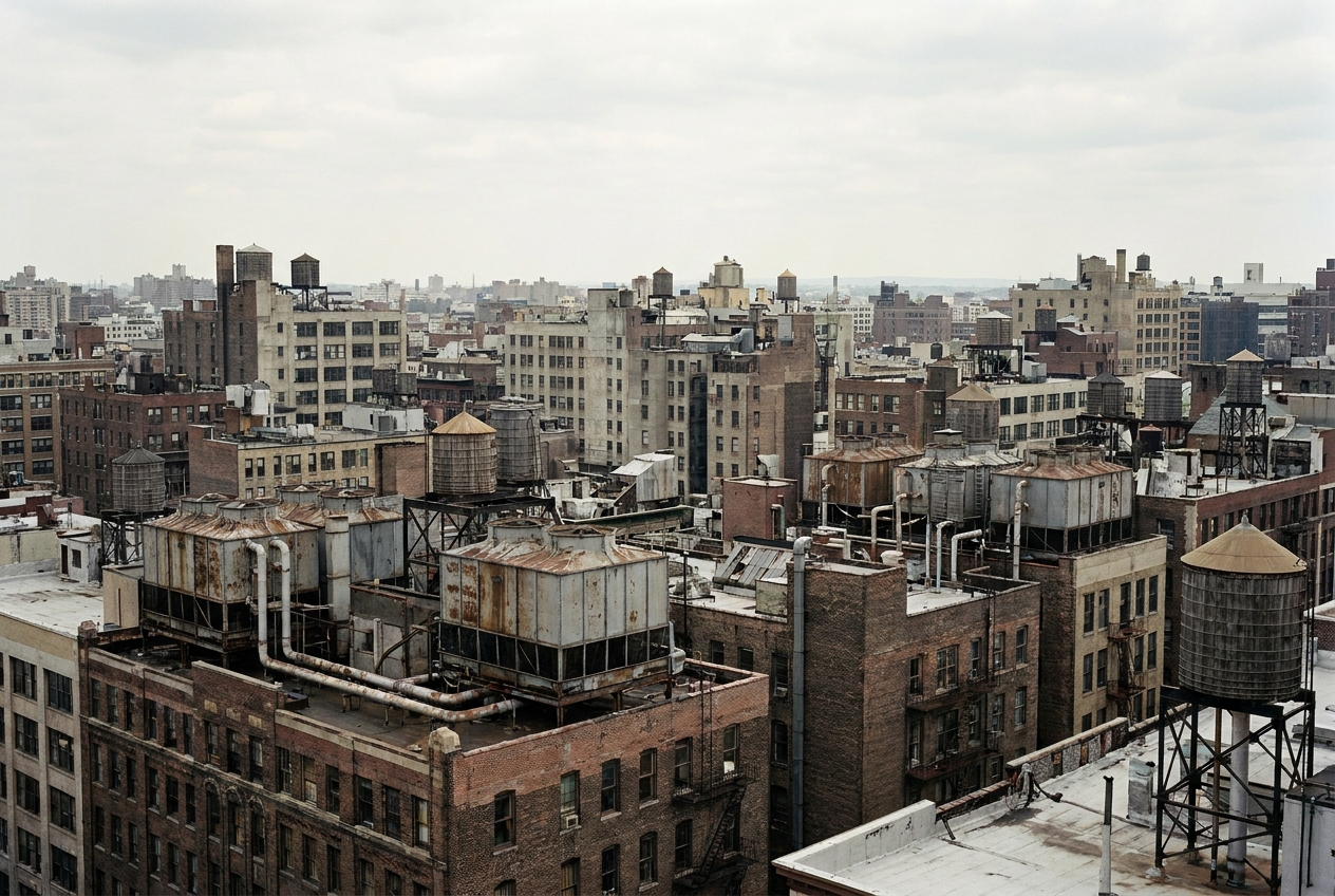 Rooftop cooling towers against a city skyline.