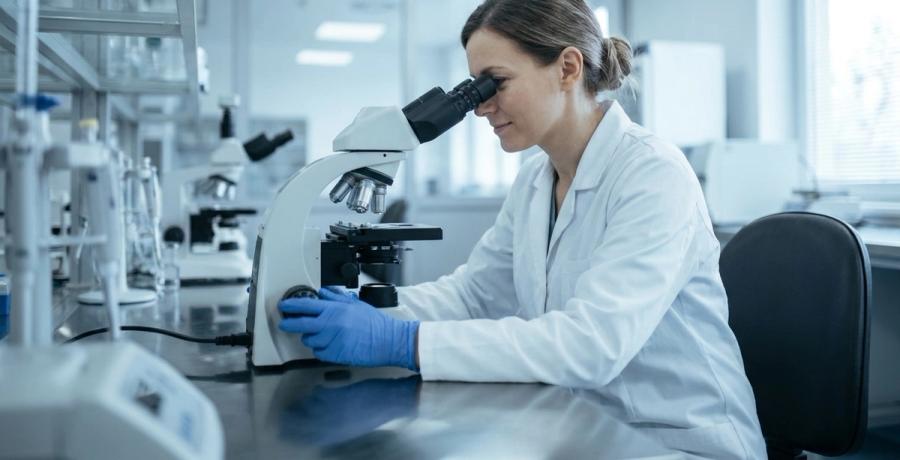A lab technician examining a sample under a microscope in a hospital laboratory.