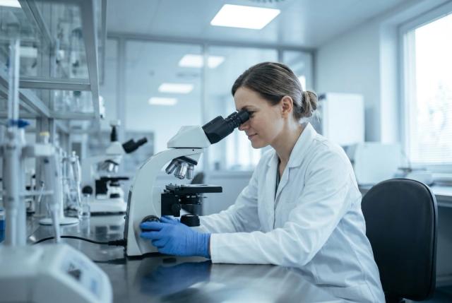 A lab technician examining a sample under a microscope in a hospital laboratory.
